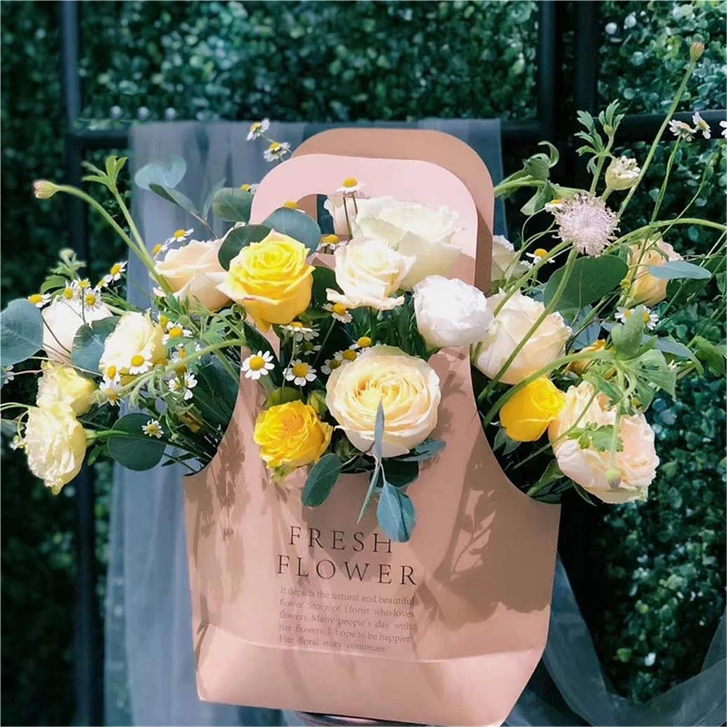 Nikeg Kraft Paper Flower Gift Bags 10Pcs Korean Portable Flower Box, Kraft Paper Bouquet Arrangement Packaging Bag, Creative Waterproof Gift(Black,Small)