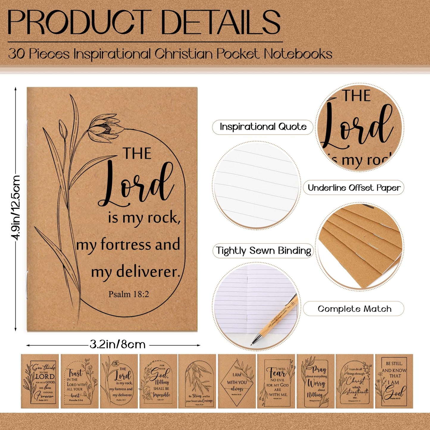 Kisston 30 Set Christian Gift Bulk - Bible Verse Inspirational Notepads, Bamboo Ballpoint Pens & Wooden Keychains for VBS Religious Party Favors Church Sunday Present