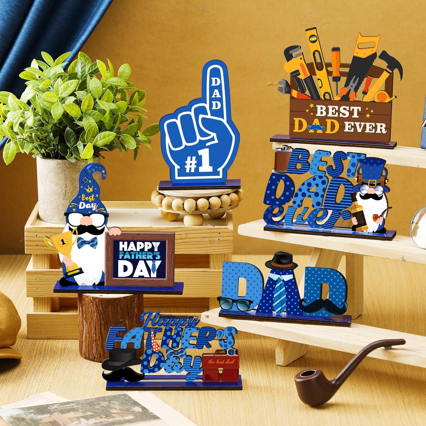 Yuntau 6 Pcs Father's Day Table Centerpiece Happy Father's Day Wood Signs Father's Day Gnome Table Decorations Dad Wood Tiered Tray Decor for Father's Birthday Party Gift Supplies