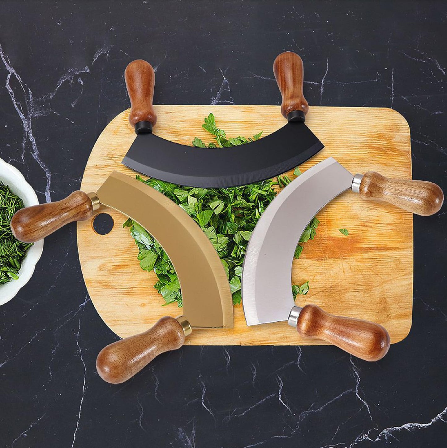 ROQILA 6.8 Inch Stainless Steel Mezzaluna Knife - Salad Chopper Rocker Pizza Cutter Rocker Knife Curved Blade Sharp Blade Double Acacia Wood Handle Fruit Vegetable Mincing (6.8 Inch Silver)