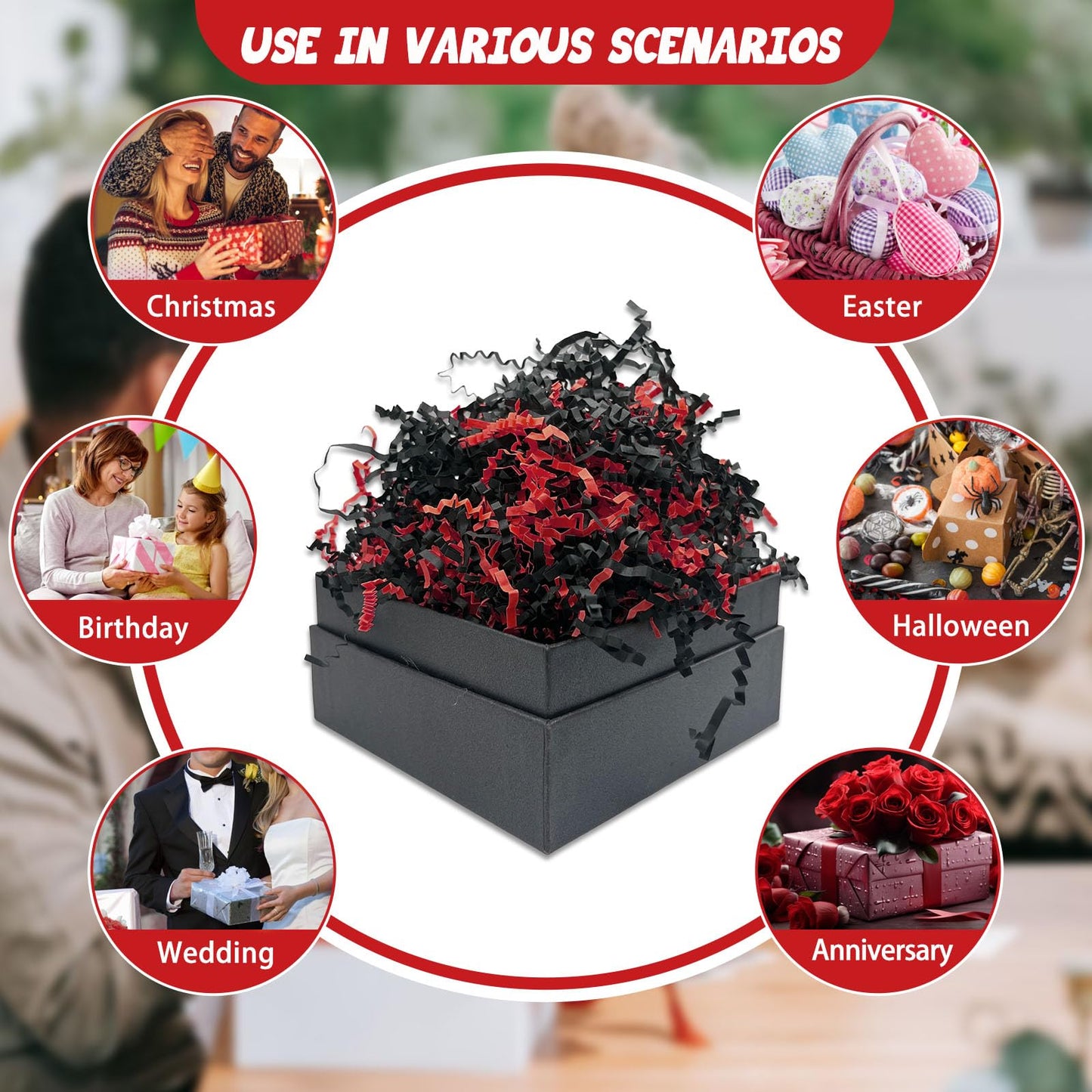 Tisspoms 1LB Black Red Crinkle Cut Paper Shred Filler, Paper Shreds for Basket Fillers, Birthday, Halloween, Gift Wrapping, Christmas, Fiesta Stranger Theme Party Gift Decor Party Filler