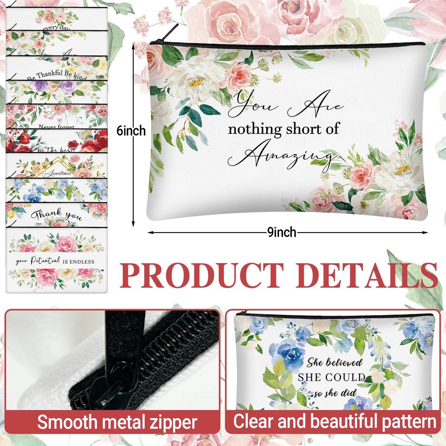 KOPOOEOE 40 Pcs Floral Inspirational Gifts Canvas Makeup Bags with Compact Mirrors Cosmetic Bags Thank You Pouch Bulk for Mothers Day Church Women Teacher Coworker Employee Gifts