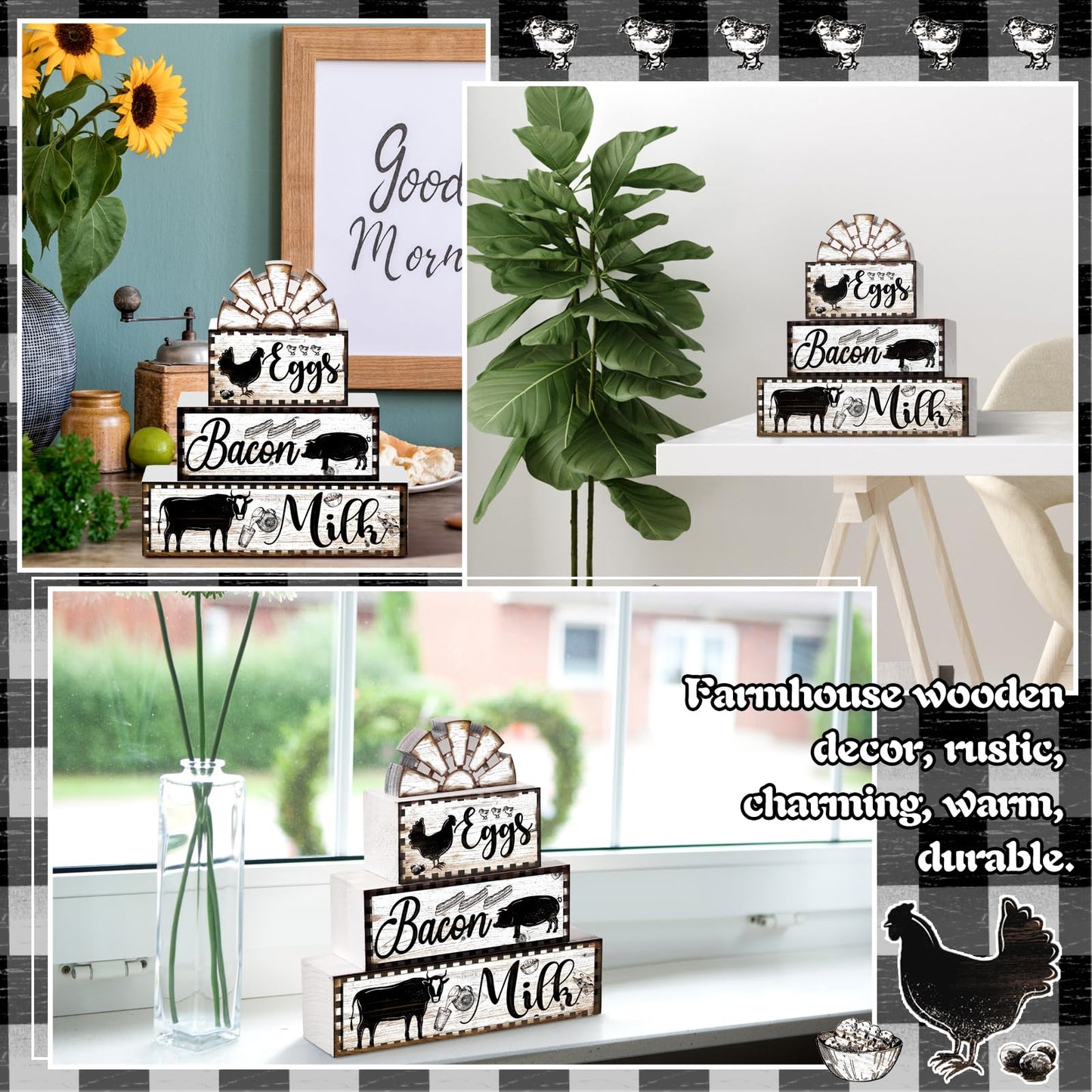 Jetec 4 Pcs Farmhouse Kitchen Decor Wooden Tiered Tray Decor Cow Rooster Pig Rustic Bathroom Signs Decorative Faux Stacked Table Centerpiece Block Sign for Home Living Kitchen Dining Room Shelf