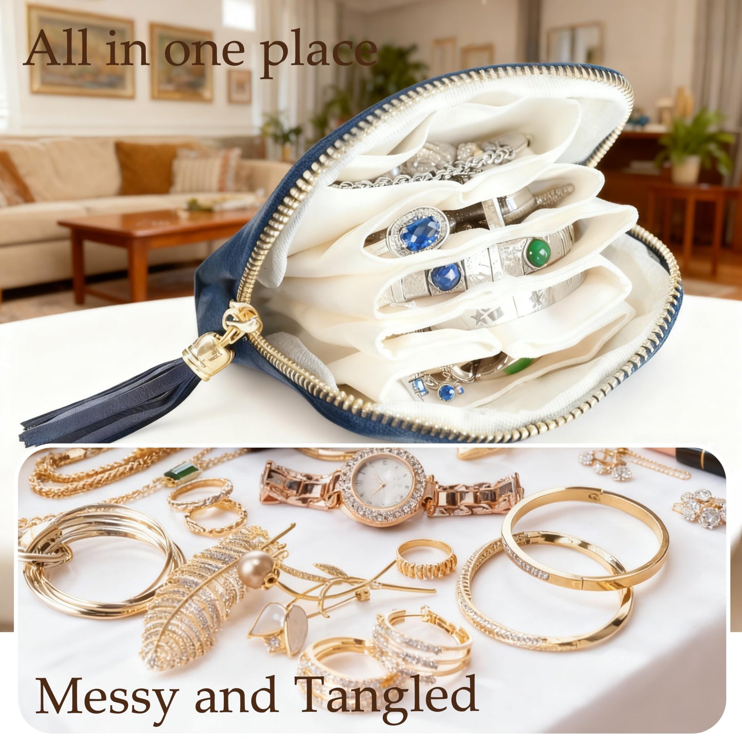 Travel Jewelry Case, Portable Jewelry Box with Organizer Pouches, Tassel Zipper, Small Storage Bag for Necklaces, Bracelets, Rings, Earrings and Gemstones, Valentines Gift for Women(Sapphire Blue)