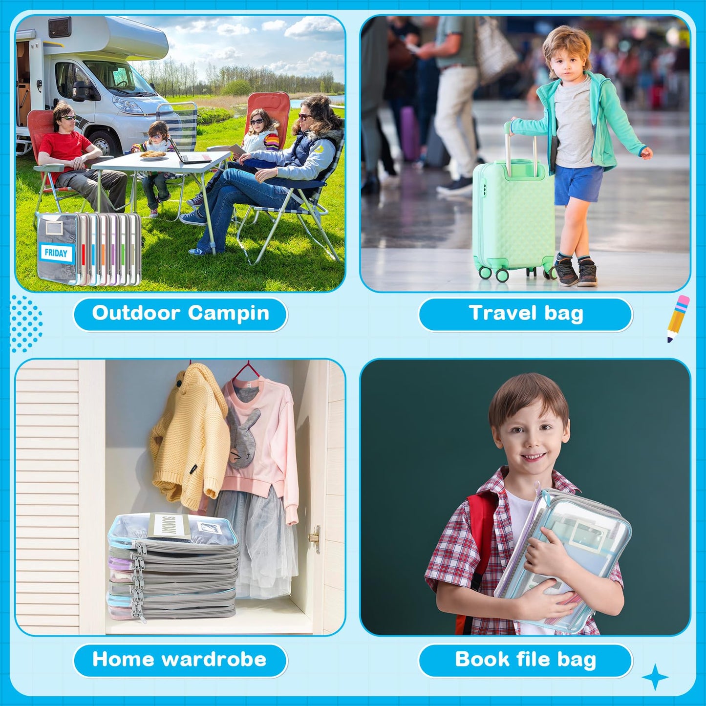 Honoson 7 Pack Packing Cubes for Travel Days of Week Packing Cubes with Labels Clear Zippered Storage Bag for Travel Summer Camp Essentials