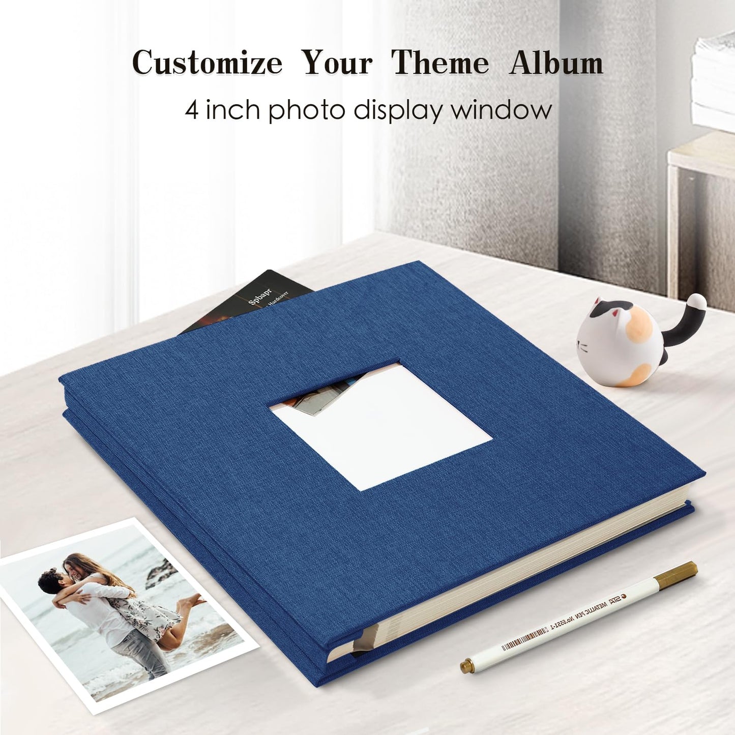 Spbapr Large Photo Album Self Adhesive 3x5 4x6 5x7 8x10 Pictures Magnetic Scrapbook 40 Blank Pages Linen Cover DIY Album with A Metal Pen