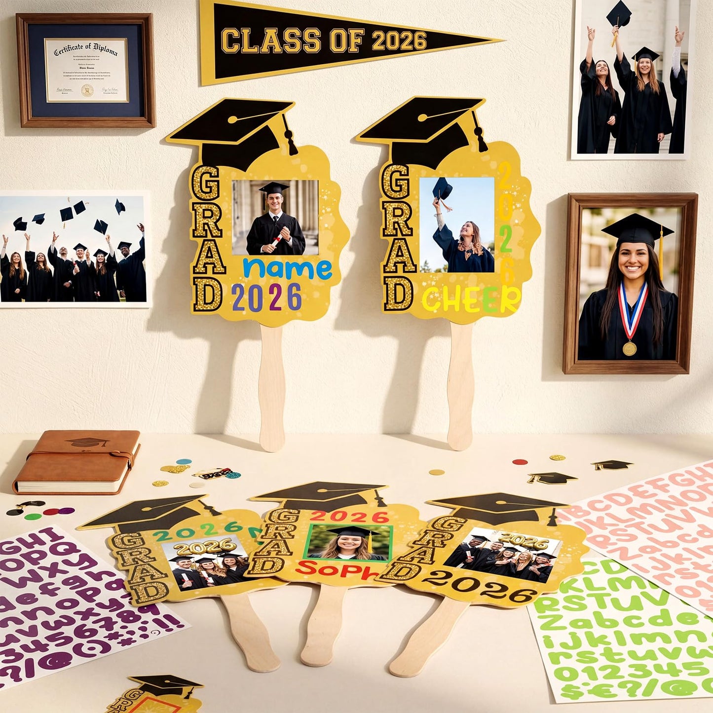 Lemosae 12 Pcs Graduation DIY Paper Fans Handheld Set Grad Face Fans with Number Alphabet Stickers Class of 2026 Grad Photo Props for Graduates Gifts Graduation Party Souvenirs Supplies