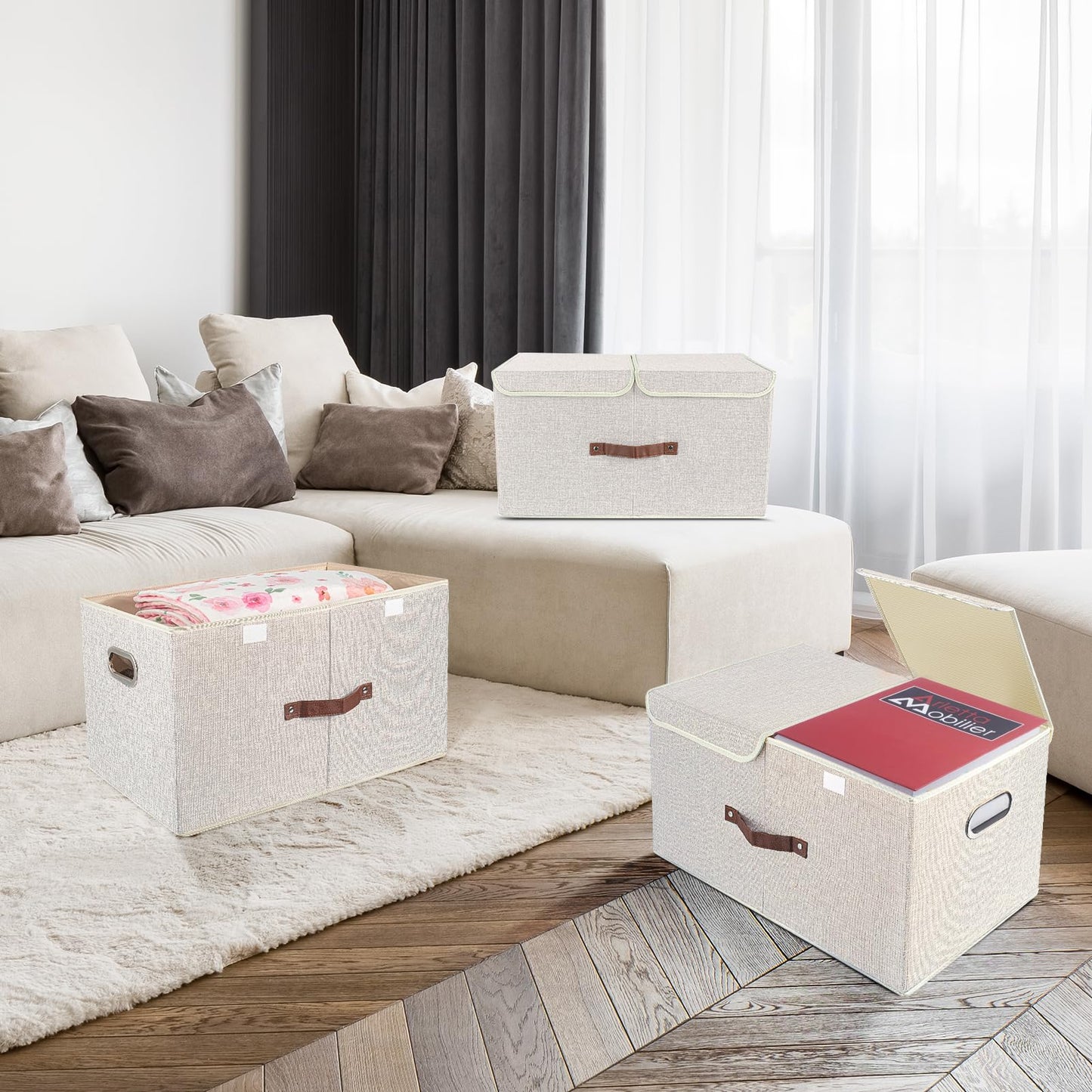 TYEERS Extra Large Collapsible Storage Bins with Lids and Compartments, Washable, Fabric Storage Boxes, 21.7x13x11.8 inches, 1 Pack, Beige