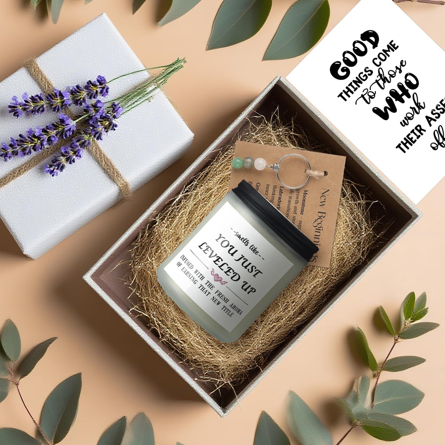 Lounsweer New Beginnings Gifts for Women Farewell Gifts for Coworkers Funny Promotion Gift Set for Women Men Include Candle, Key Chain and Card for Coworker, Gamer, Friend, Boss, Teachers, Nurses