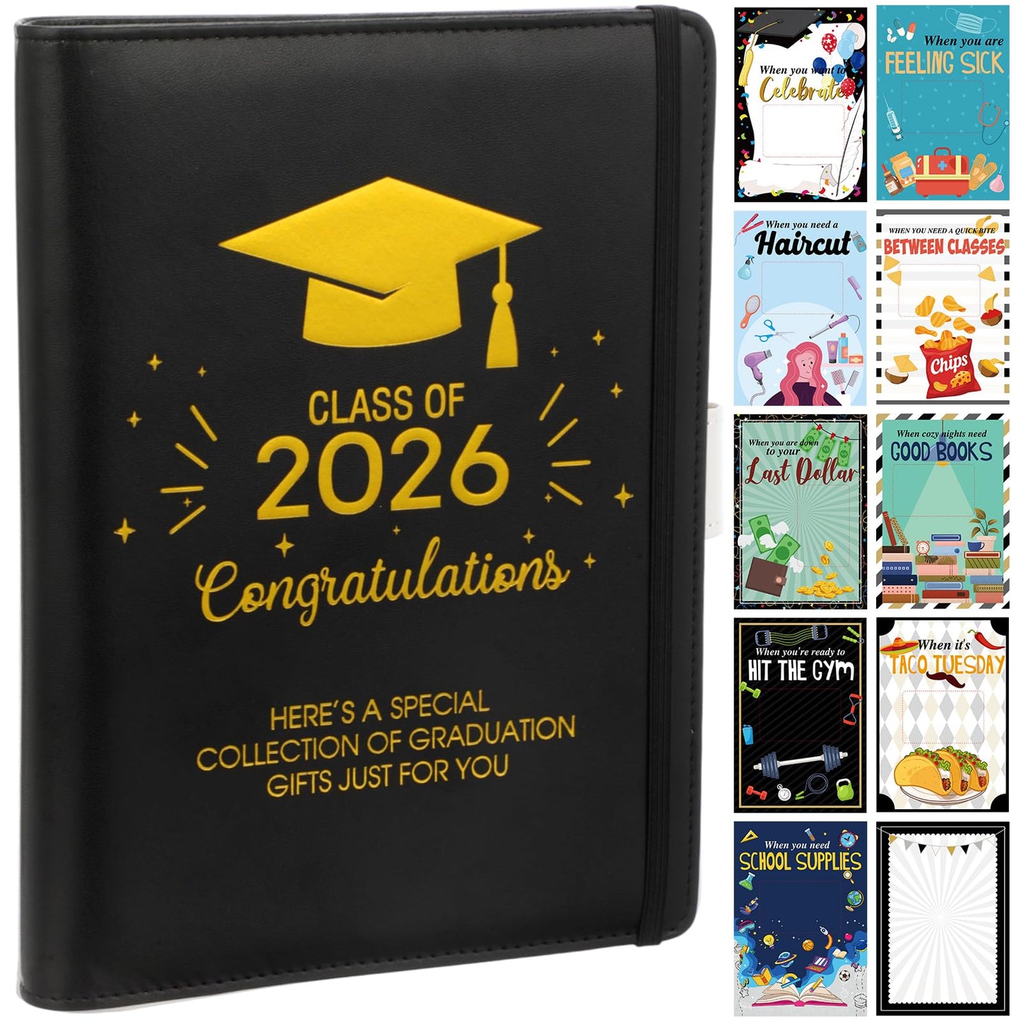 Funrous College Gift Card Book 7 x 5 Inch, Class of 2026 Graduation Gift Card Holder Book for Her/Him, First Year of College Survival Kit, 25 Cards Booklet for Graduates, Black Gold