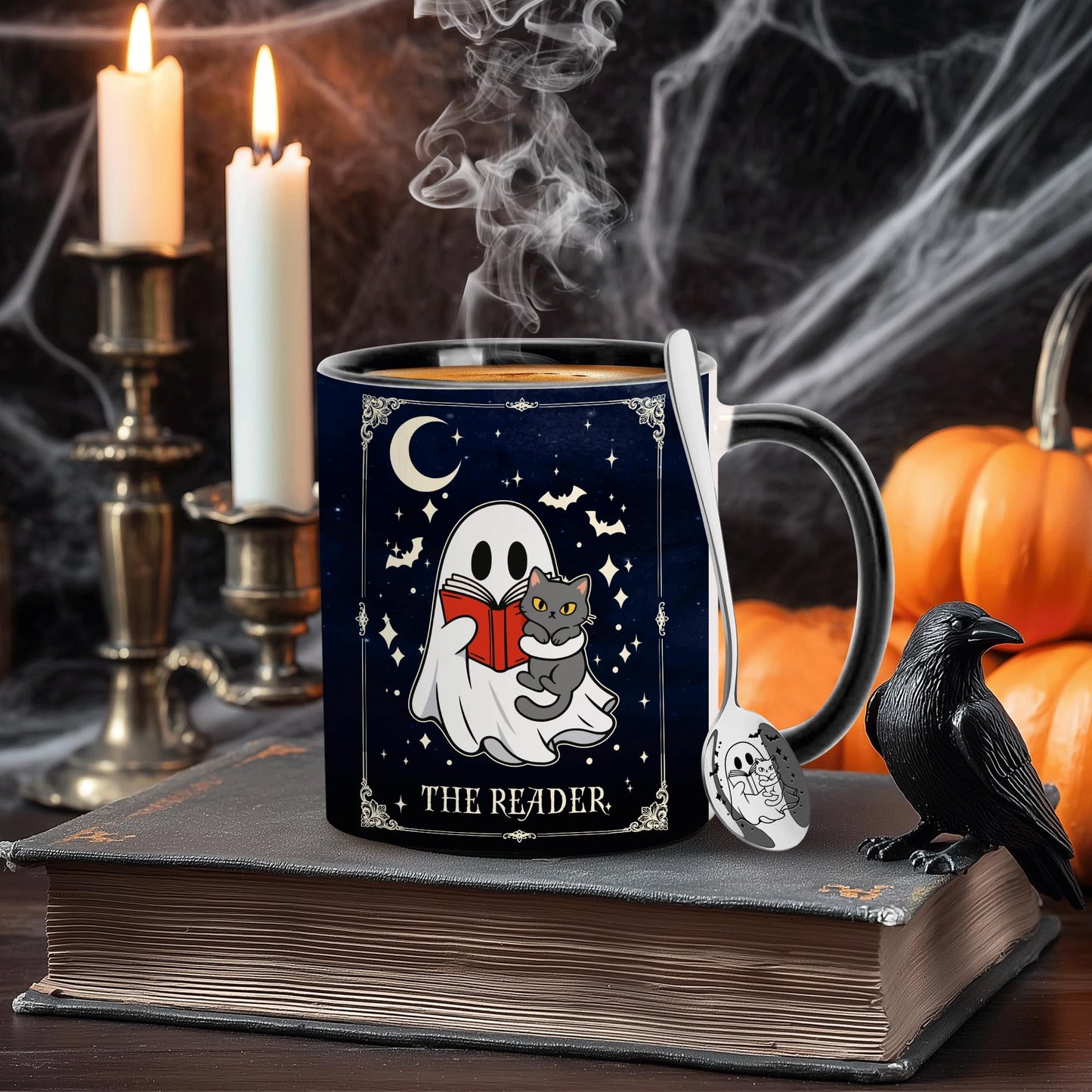 Hyturtle Cute Ghost Reading Coffee Mug with Spoon Gifts on Halloween Birthday, Funny Ghost with Cat Tarot Gifts, Book Lover Presents, Bookish Decor for Readers, Book Club Gift 11oz Ceramic Tea Cup