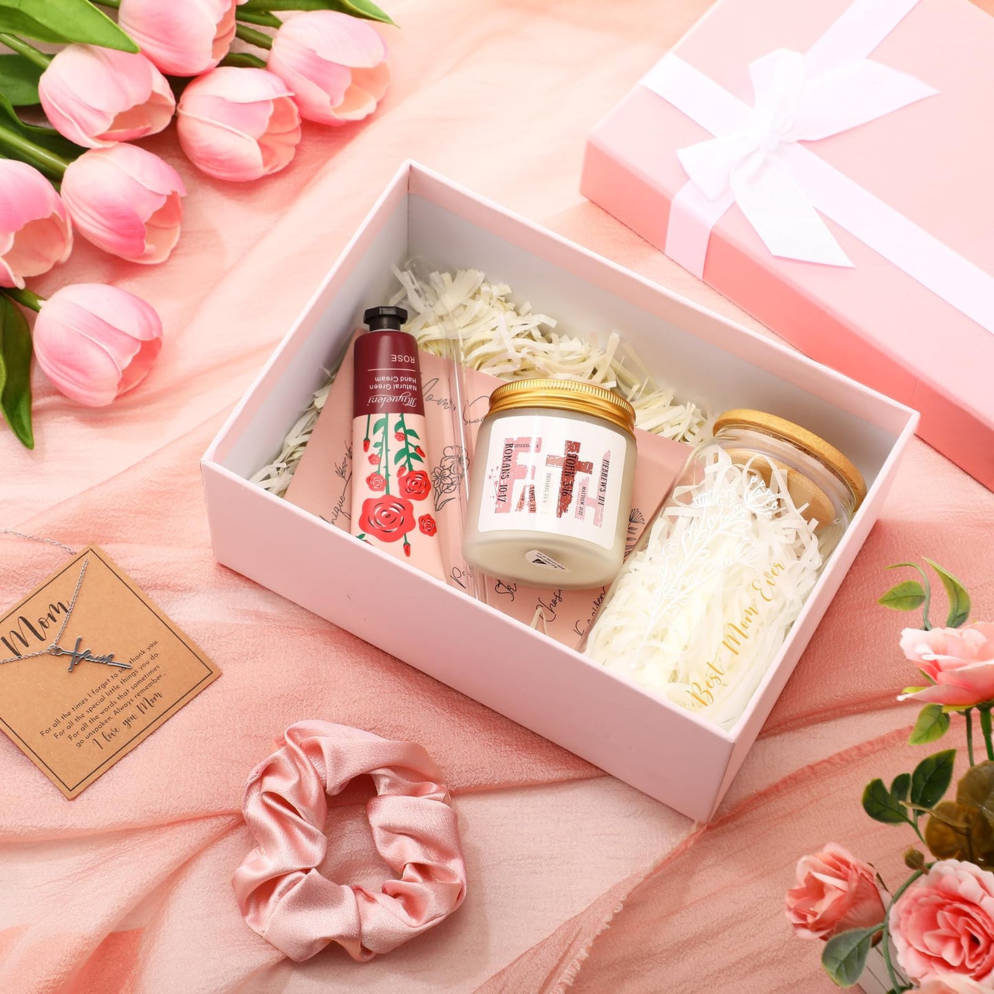 SilTriangle 10 Pcs Christian Gifts for Mom Faith Religious Bible Box Gift Set for Mother Women Glass Cup Candle Cross Necklace Hand Cream Hair Tie Greeting Card Birthday(Pink)