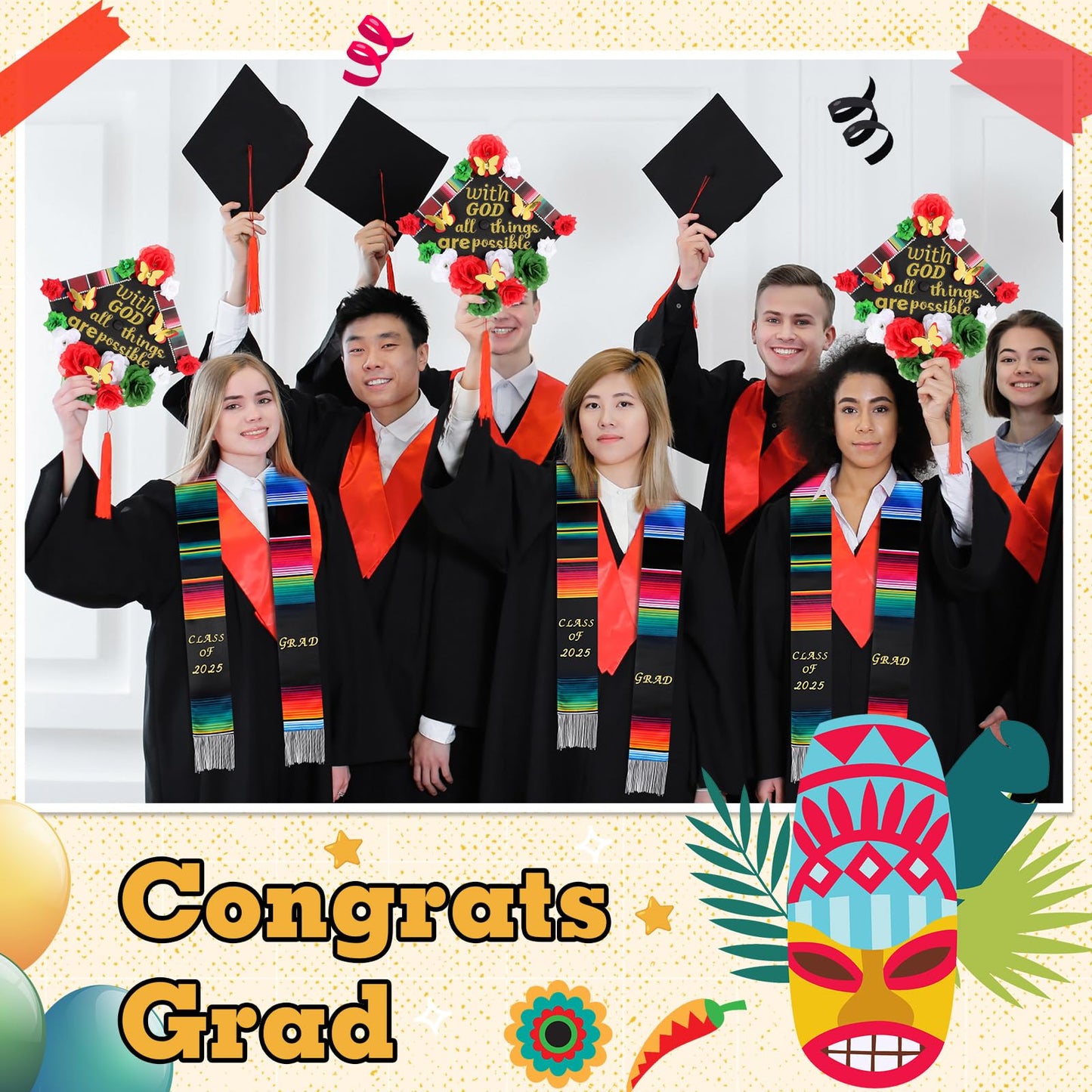 Knitgrip 41 Pcs DIY Mexican Graduation Cap Decorations Kit Graduation Stole Faux Flower Heads Graduation Quotes 3D Butterfly Glitter Letter Stickers Pearl Stickers for Graduation Cap Decoration Craft
