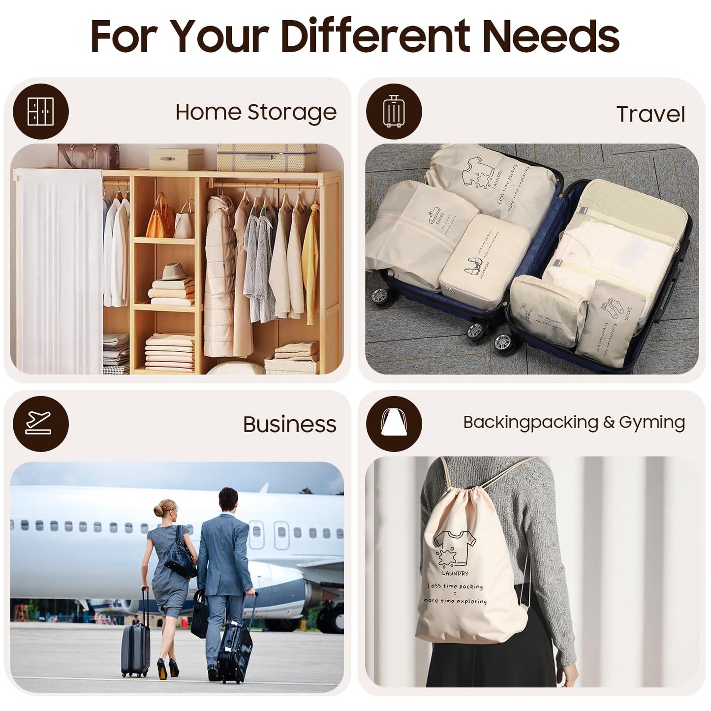 SKYREH 8 Set Travel Packing Organizers- Luggage Organizer for Suitcase Organization with Hanging Toiletry, Shoe & Laundry Bags, Packing Cubes for Travel Essentials, Cute Gifts for Women, Beige