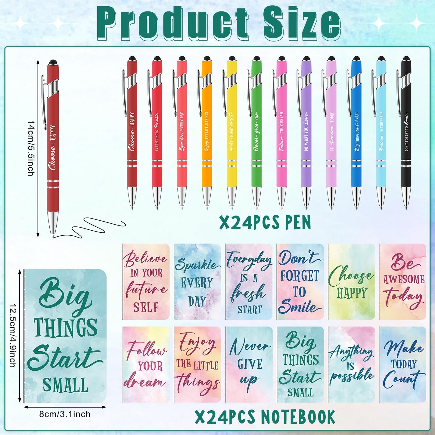 48 Pcs Watercolor Bulk Motivational Pens Inspirational Notepads Set, Pocket Motivational Quote Notebooks Ballpoint Pens, Mini Journals Gift Set for Kids Students Teachers School Office Prizes Supplies