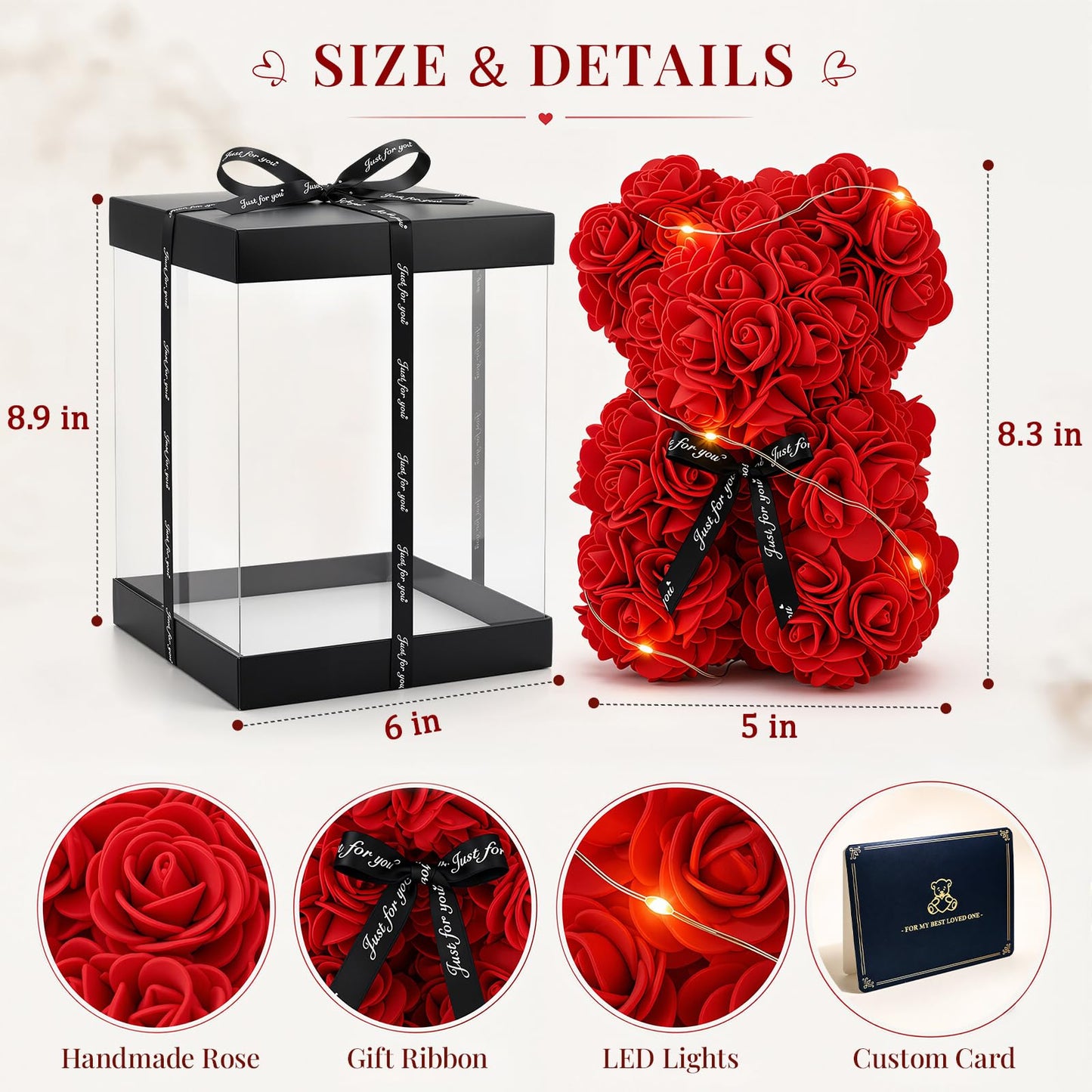 Otlonpe Bear Rose Flowers Light Up, Mothers Day Bear Gifts for Mom, Women Gifts Home Decorations for Christmas Valentines Mothers Day Birthday, for Her Mom Wife Girlfriend Daughter (Red)