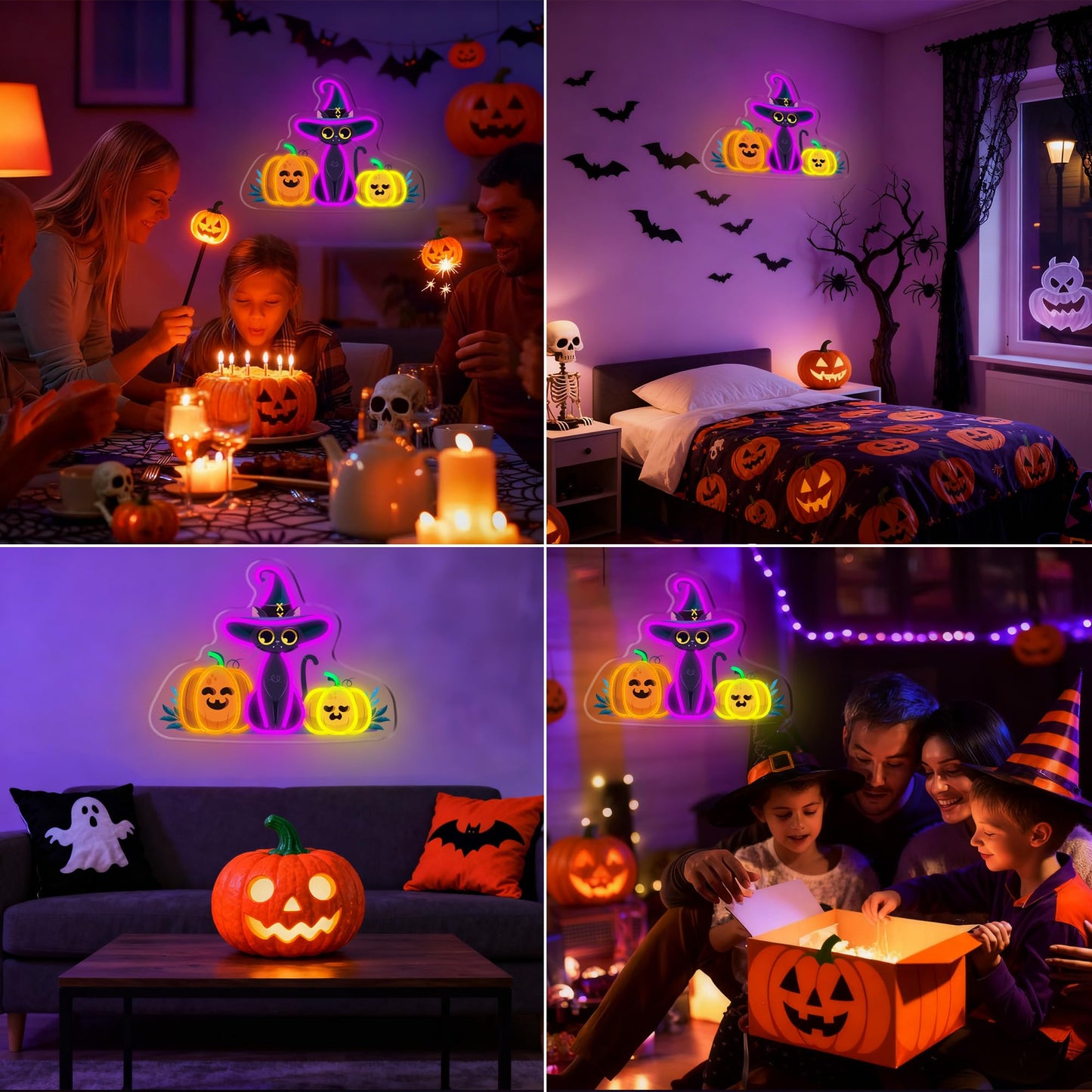 Happy Halloween Neon Sign, Cool Dimmable Light Up Halloween Pumpkin Neon Light Up Sign Gift USB Powered for Kids Bedroom, Living Room, Bar, Party, Shops, Party Yard Wall Decor Home Decoration (Pumpkin & Cat)