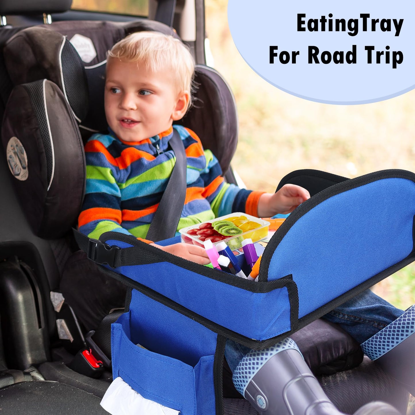 WENRENER Kids Travel Tray for Car Seat, Toddler Road Trip Essentials With Drawing Kit, Travel Activities Must Haves (Navy Blue-2PCS)