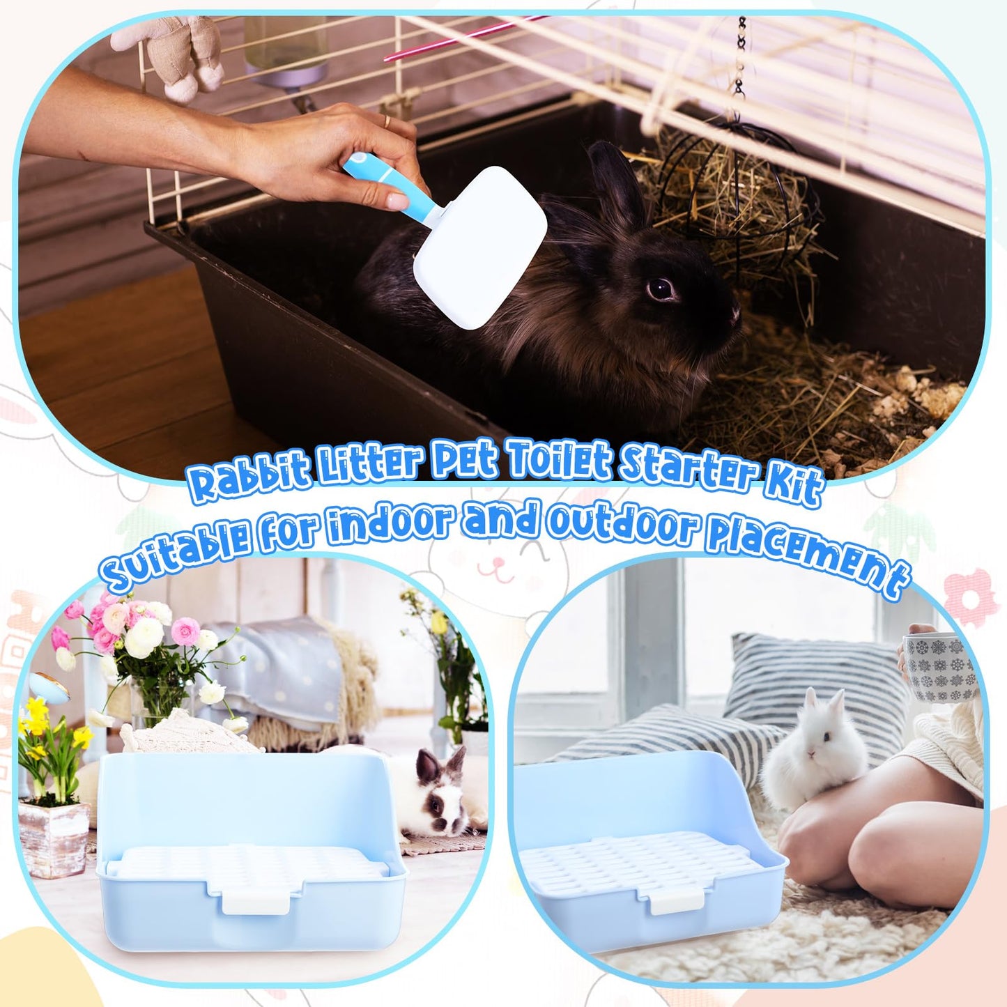 Reallnaive 15 Pcs Rabbit Starter Kit Small Rabbit Litter Box Girls Gift Animal Grooming Kit Bunny Toys Bowl Blankets with Cleaning Set for Guinea Pig Accessories(Candy Blue)