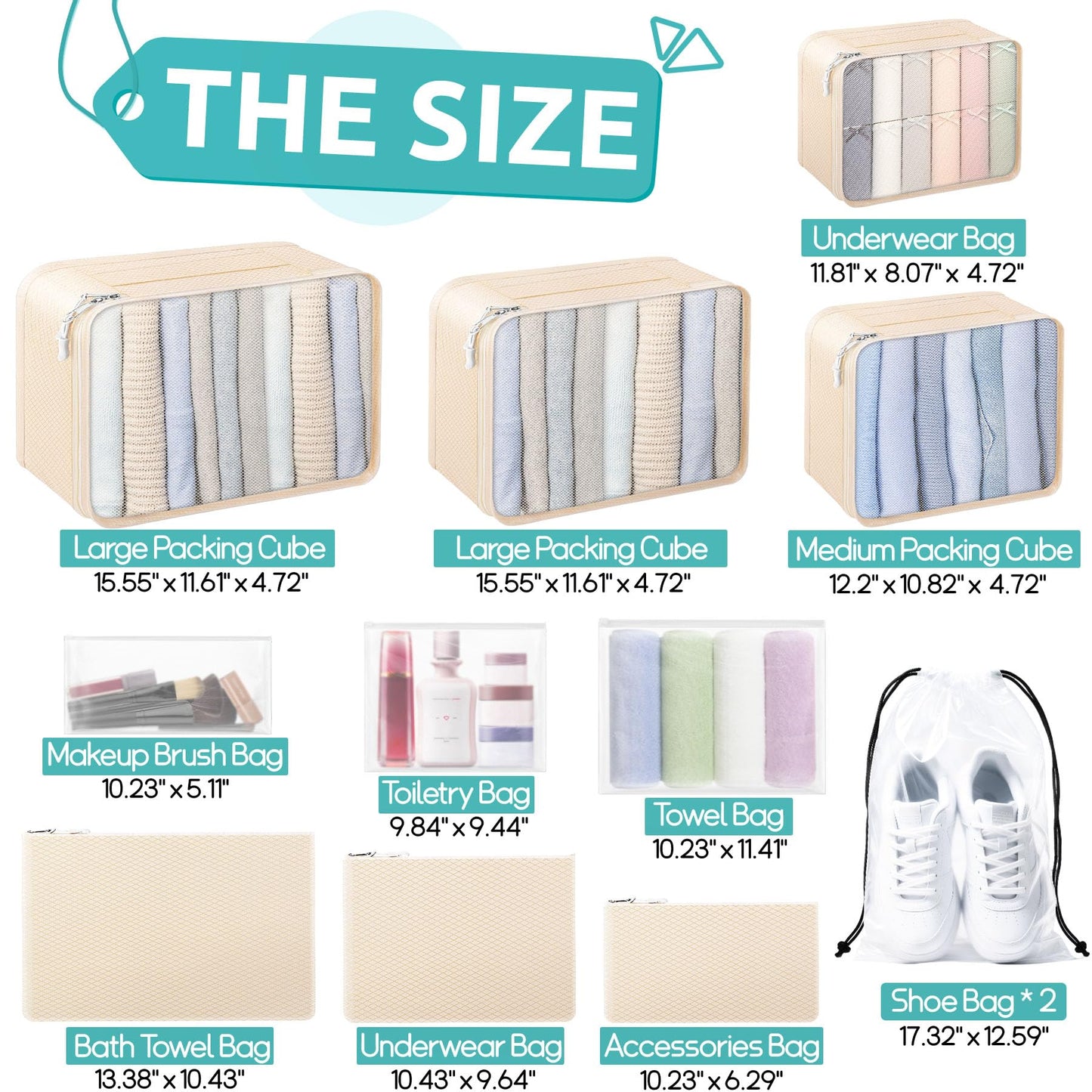 ALL INCLUDED - 12 Set Packing Cubes for Suitcases Carry On, Travel Essentials/Accessories Luggage Organizer Bags Set, Includes Cubes, Shoes Bag, Matte Cosmetic Bag, Zipper Bags