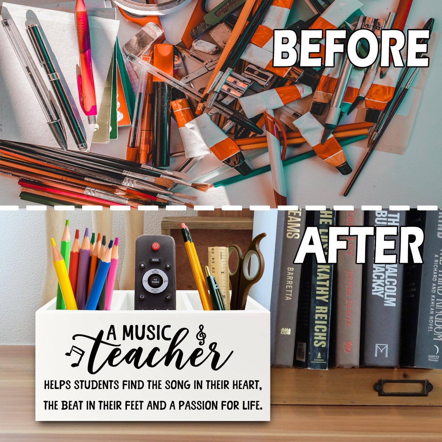XPH Music Teacher Pen Pencil Holder Organizer for Desk, Music Teacher Gifts, Teachers Appreciation Gifts for Women Men Wooden Box Sign for Office Workplace Classroom Desk Tabletop Decorations
