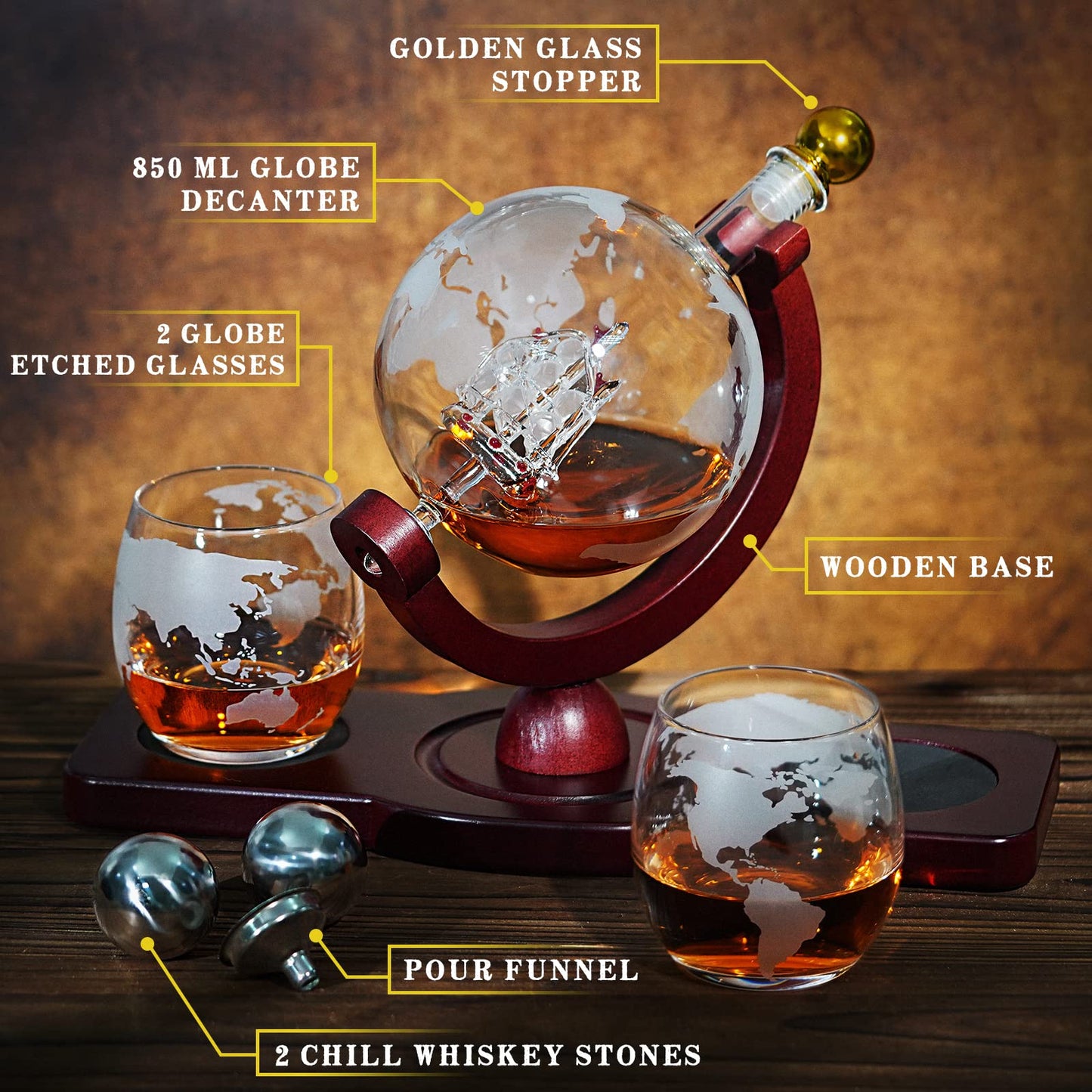 PONPUR Gifts for Men Dad Valentines Day, Whiskey Decanter Globe Set with 2 Ball Stones & 2 Glasses, Anniversary Birthday Gifts for Him Husband Boyfriend Brother, Cool Stuff Gift for Bourbon Scotch
