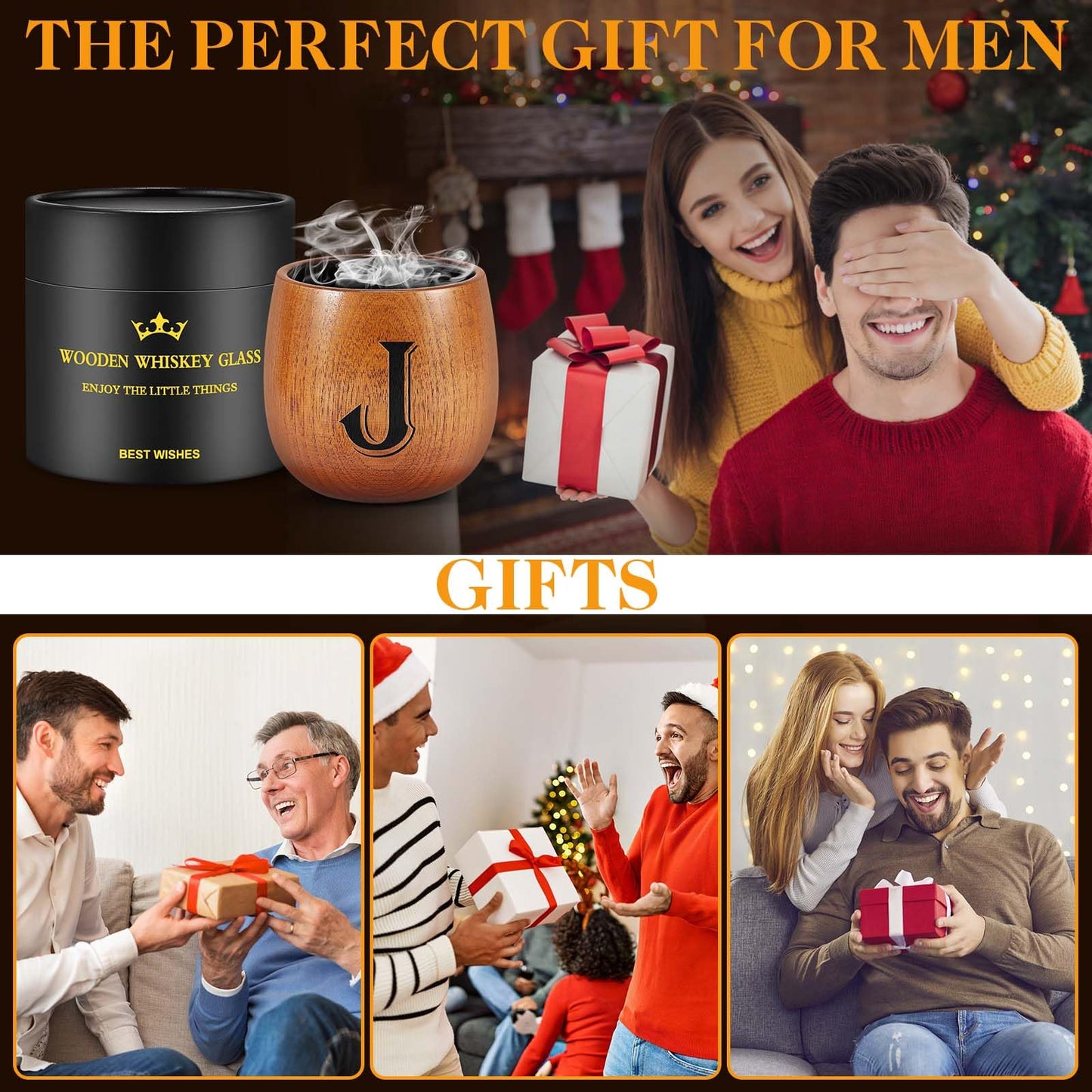 Astonlink Personalized Gifts for Men Husband Dad Boyfriend, Initial Charred Wooden Bourbon Drinking Glass & Whiskey Glasses Gift, Fathers Day Birthday Gifts for Men Dad Husband Brother Him (J)