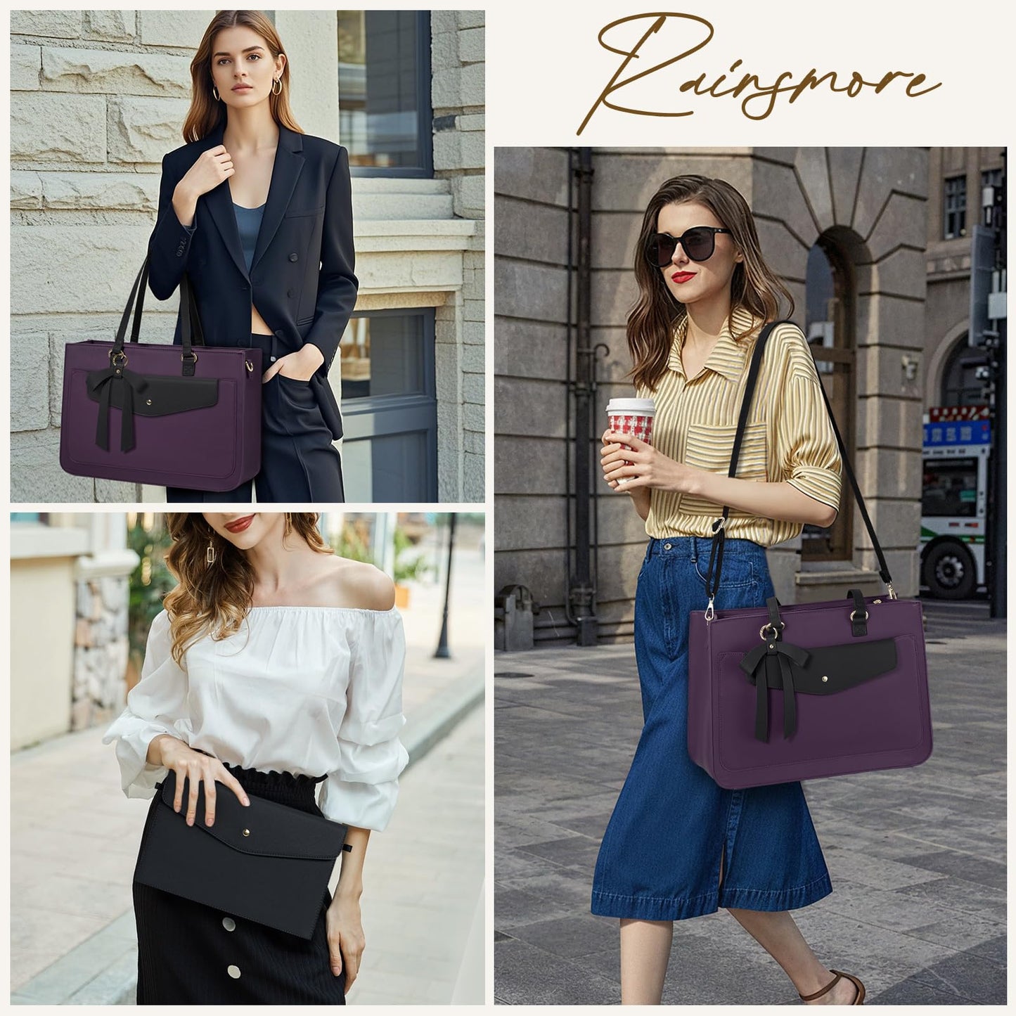RAINSMORE Laptop Bag for Women 15.6 Inch Work Tote Bags Leather Laptop Tote Waterproof Computer Bag Professional Office Briefcase Large Handbag for College Teacher Travel,Purple and Black