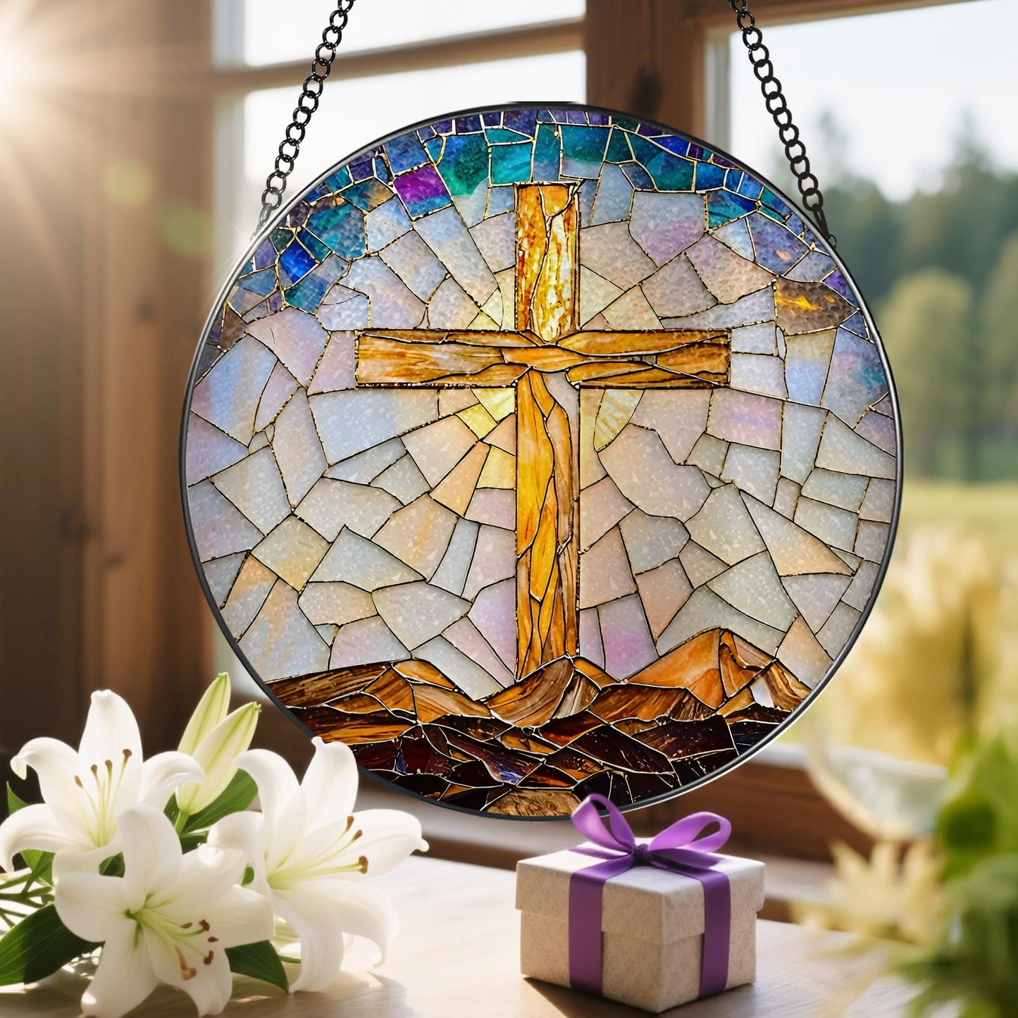 8-Inch Catholic Cross Stained Glass Suncatcher, Stained Glass Window Hanging, Religious Ornament, Christian Home Decor, Sun Catcher Window Decor ā Gift for Christmas, Christian Gifts, Religious Gifts