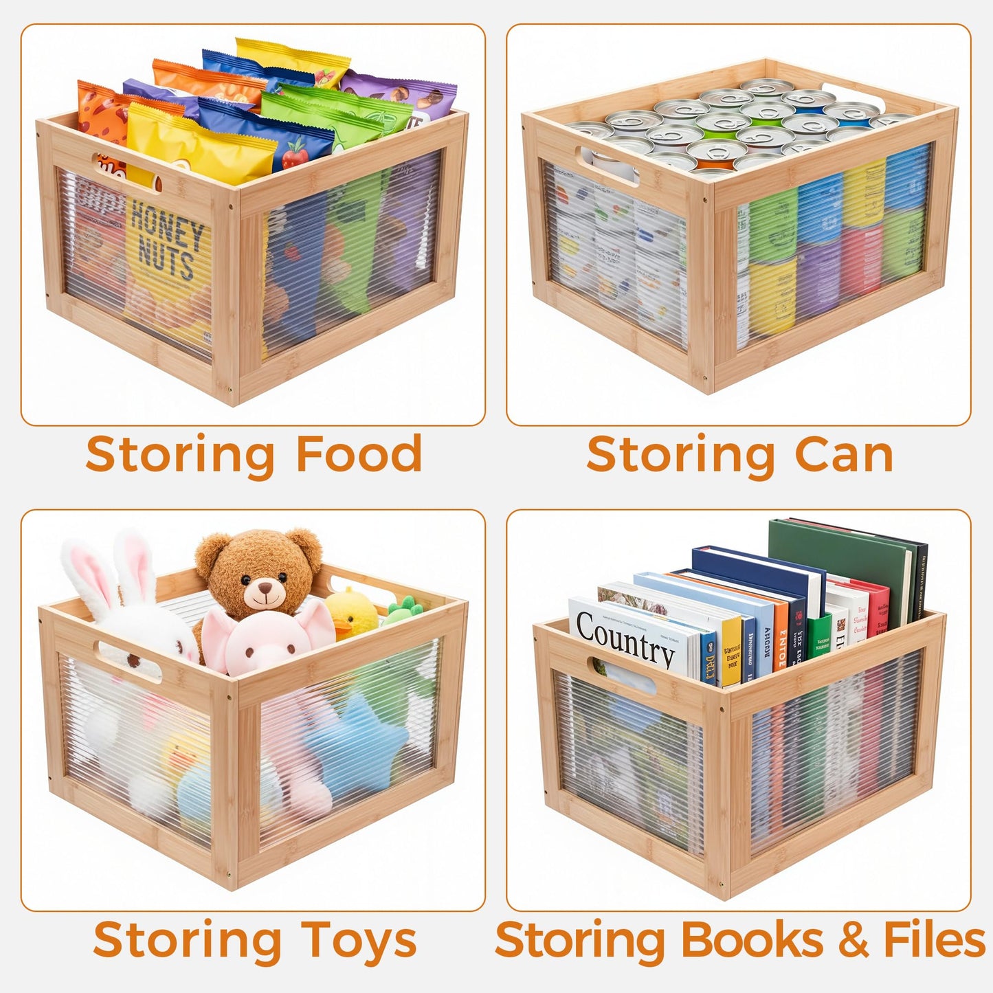 MinBoo Vinyl Record Storage Crate - Holds 80+ LP Albums, 12-Inch Record Organizer Box with Acrylic & Bamboo, Sturdy Wooden Cube for Home, Office - 13.7''L x 16.5''W x 10.2''H, Anti-Slip Base,Brown