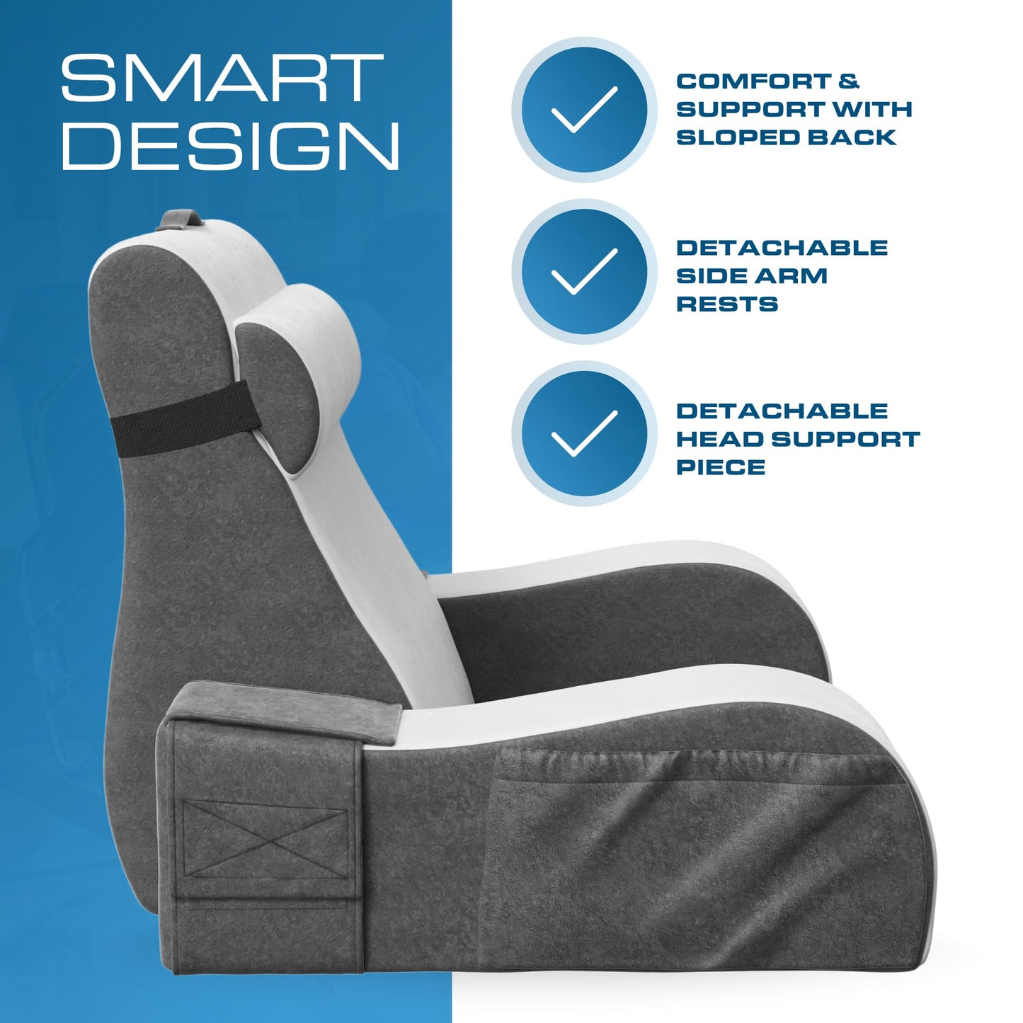 Kolbs Wedge Reading Pillow for Bed, Cushion with Arms for TV, Books, Nursing, Back - Bed Pillow for Sitting Up in Comfort, Plush Backrest. Bed Chair, Sit Up in Comfort (19" Gray/White)