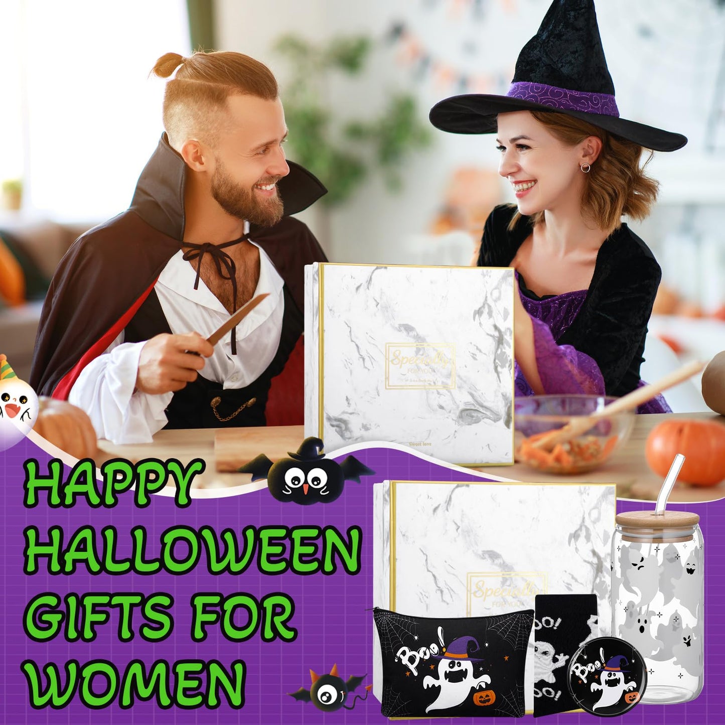 Kacctyen 5 Pcs Boo Basket Gift for Women Spooky Ghost Gift 16 oz Ghost Glass Cups with Lid Straw Spooky Cosmetic Makeup Bag Pocket Mirror Sock Boo Basket Stuffers for Her Sister Friend