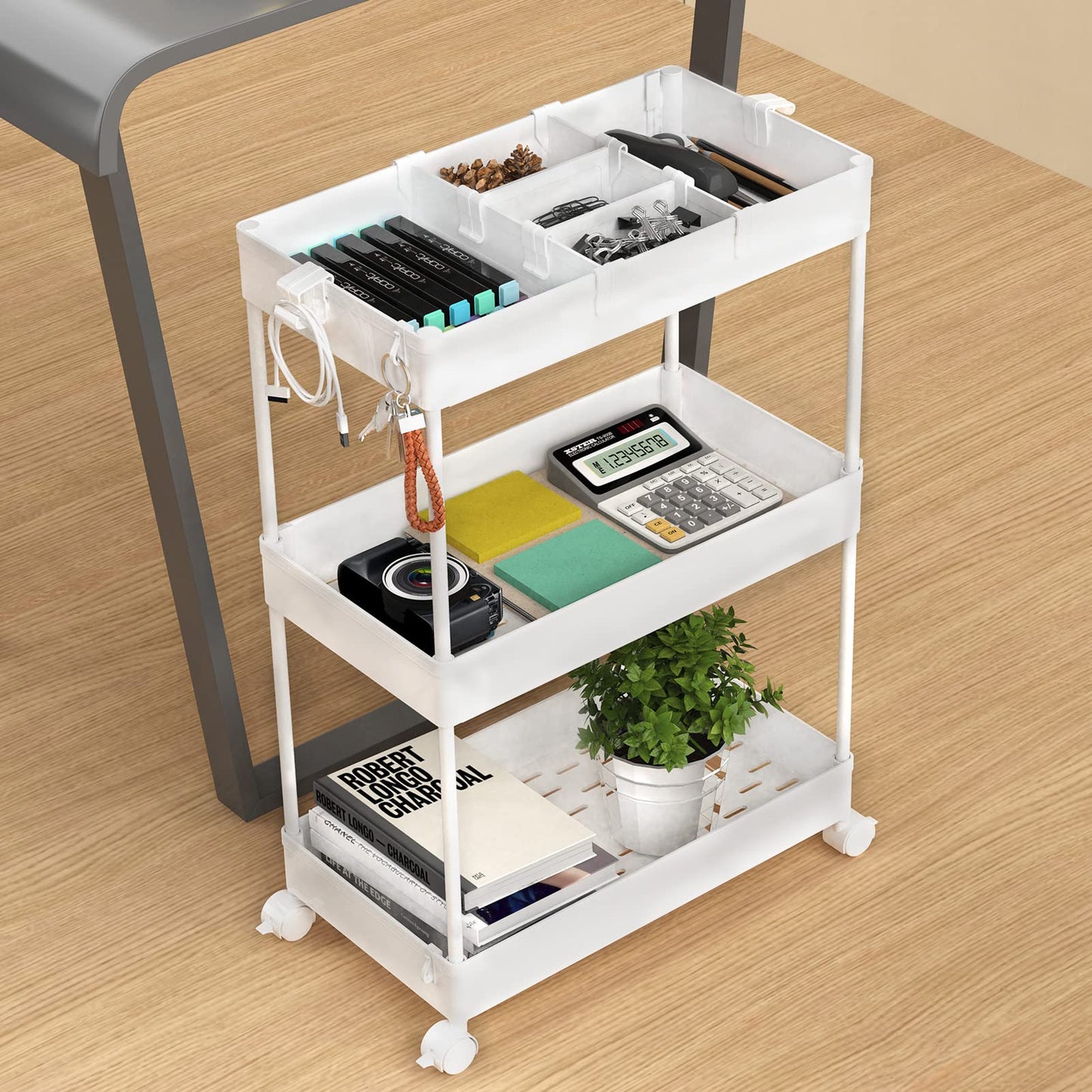 SPACELEAD 3 Tier Rolling Cart with Wheels, Storage Craft Art Trolley Organizer Serving, 3 Hanging Baskets Easy Assembly, for Office, Bathroom,Living Room, Kitchen, White