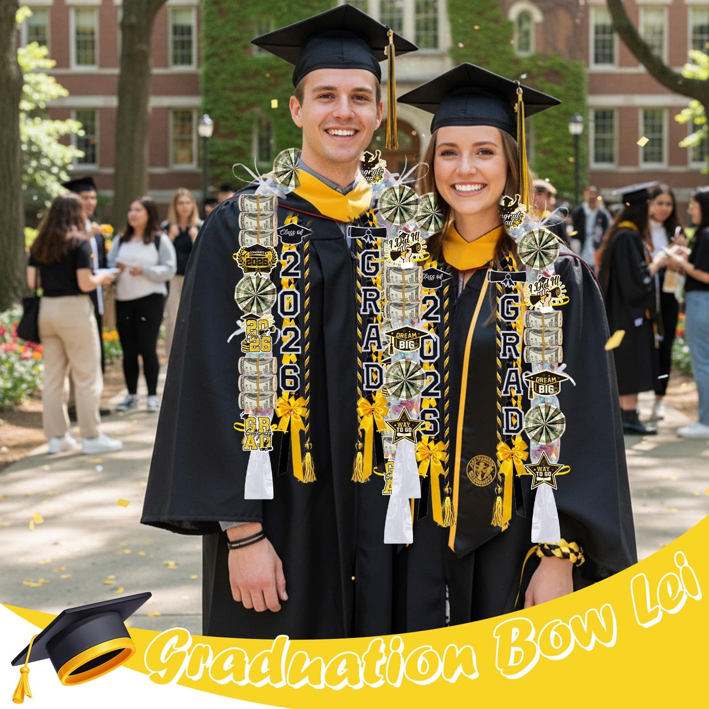 Hamdwerk Candy Leis for Graduation 2026, 36Pcs Graduation Leis Class of 2026, Graduate Ribbon Lei Making Kits with Honor Cord Patches Cards, Black Gold Double Lei Necklace Decorations Graduation Gift