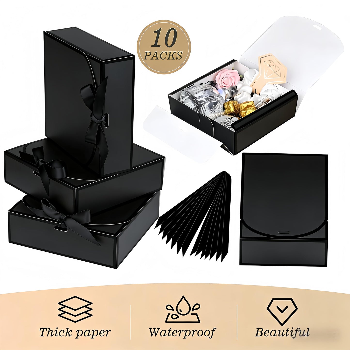 Treelement 10Pcs Black Gift Boxes with Lids,10.6×7.8×3.1 Inch Bridesmaid Proposal Boxes with Ribbons and Stickers for Wedding Gifting,Birthday,Party Favors,Baby Shower,Return Gifts