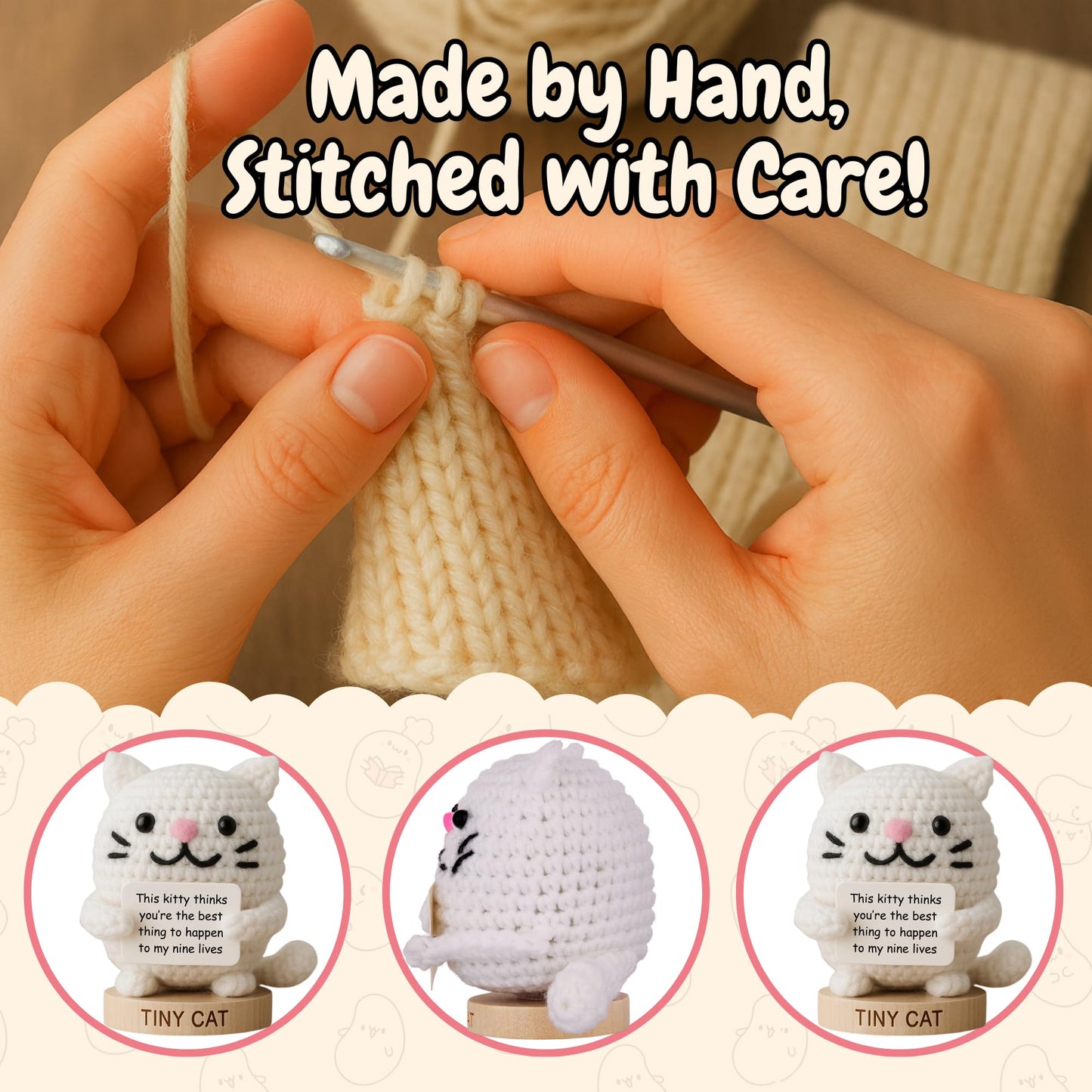 Cat Gifts for Women - Positive Crochet Animal with 30 Cute Signs | Cat Mom Gift for Women for Birthday, Mothers Day | Funny Fur Mama Present Ideas for Cats Lady | Present Idea for Friends, Coworkers