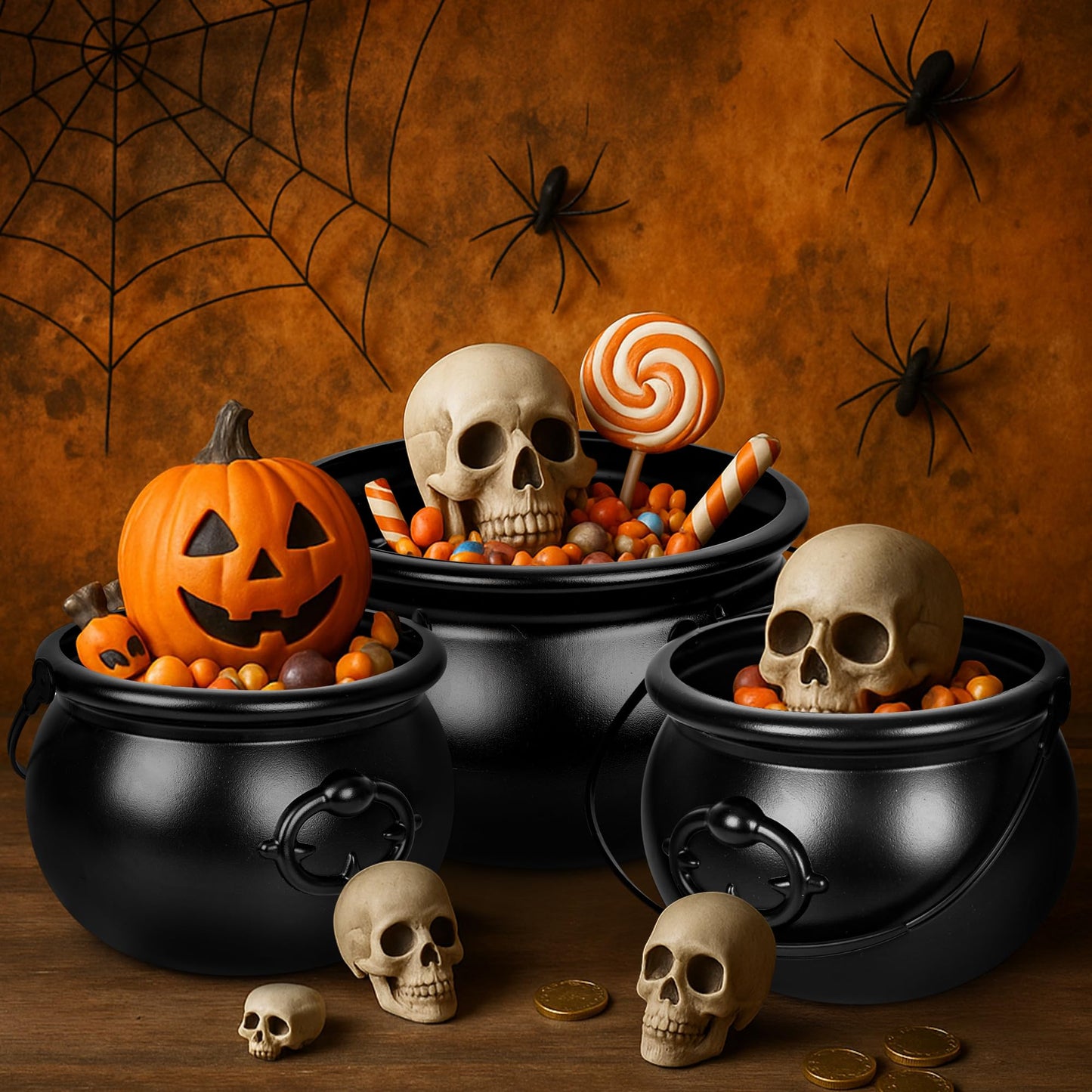 3PCS Cauldron Halloween Decor, 12.6" and 7.68" Halloween Bucket Witch Cauldron, Plastic Black Candy Holder Pot Spooky Punch Bowl for Halloween Decorations Trick or Treat St Patrick's Day Party Favors