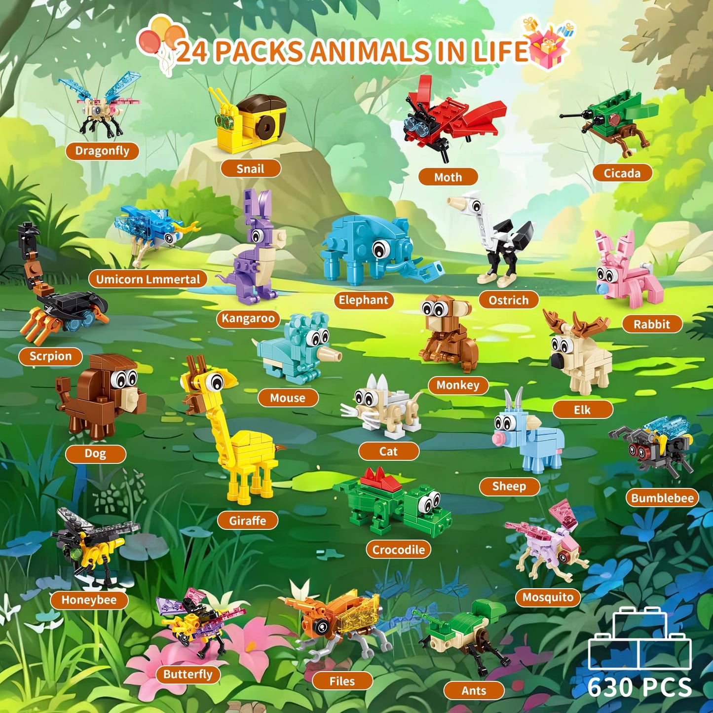 Party Favors for Kids - 24 Pack 72 Kinds of Animals Building Block Toy Goodie Bags Fillers Classroom Carnival Prizes Stuffers Gifts Building Set, Christmas Birthday Gift for Boys Girls Ages 6-12