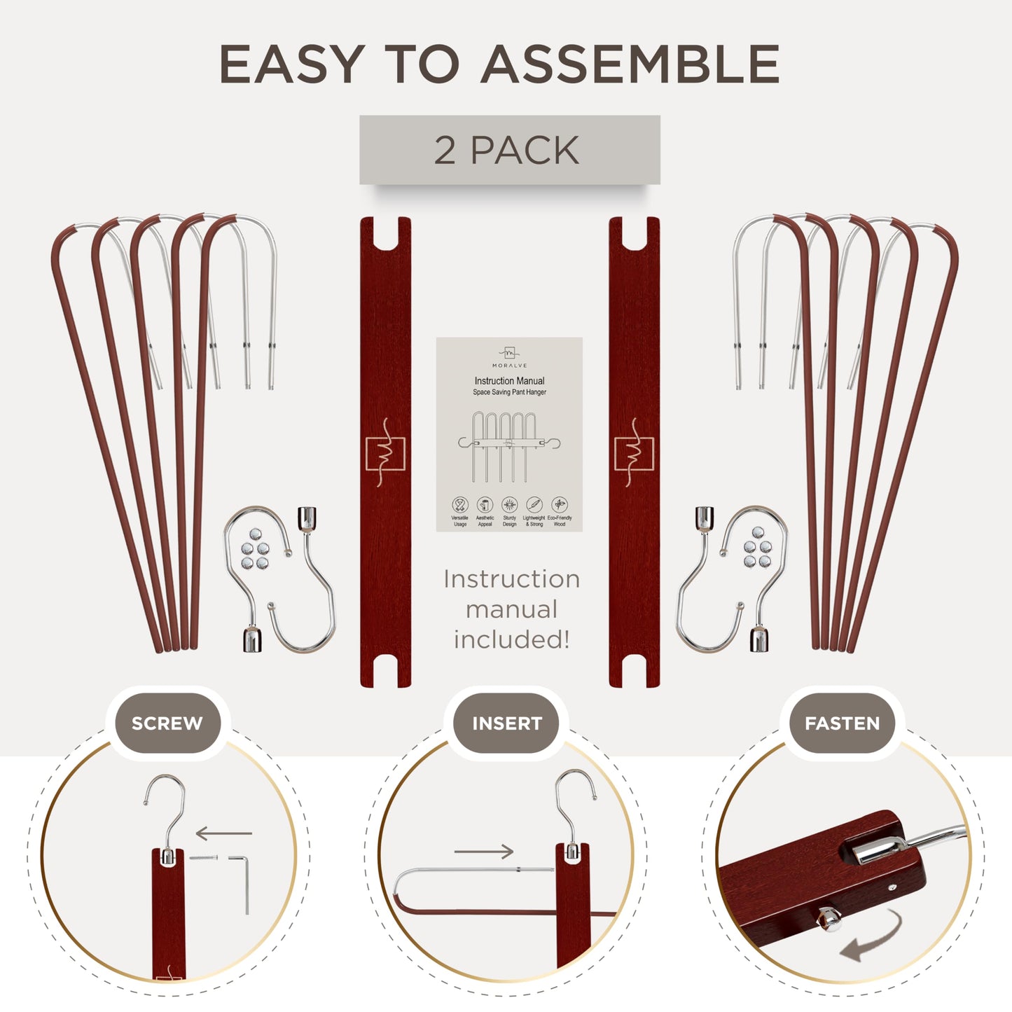 MORALVE Pants Hangers Space Saving - 2 Pack European Beechwood Scarf and Jean Hangers - Closet Organizer and Space Saver Pant Rack, Leggings Hanger, and Scarf Holder with 360° Swivel Hook