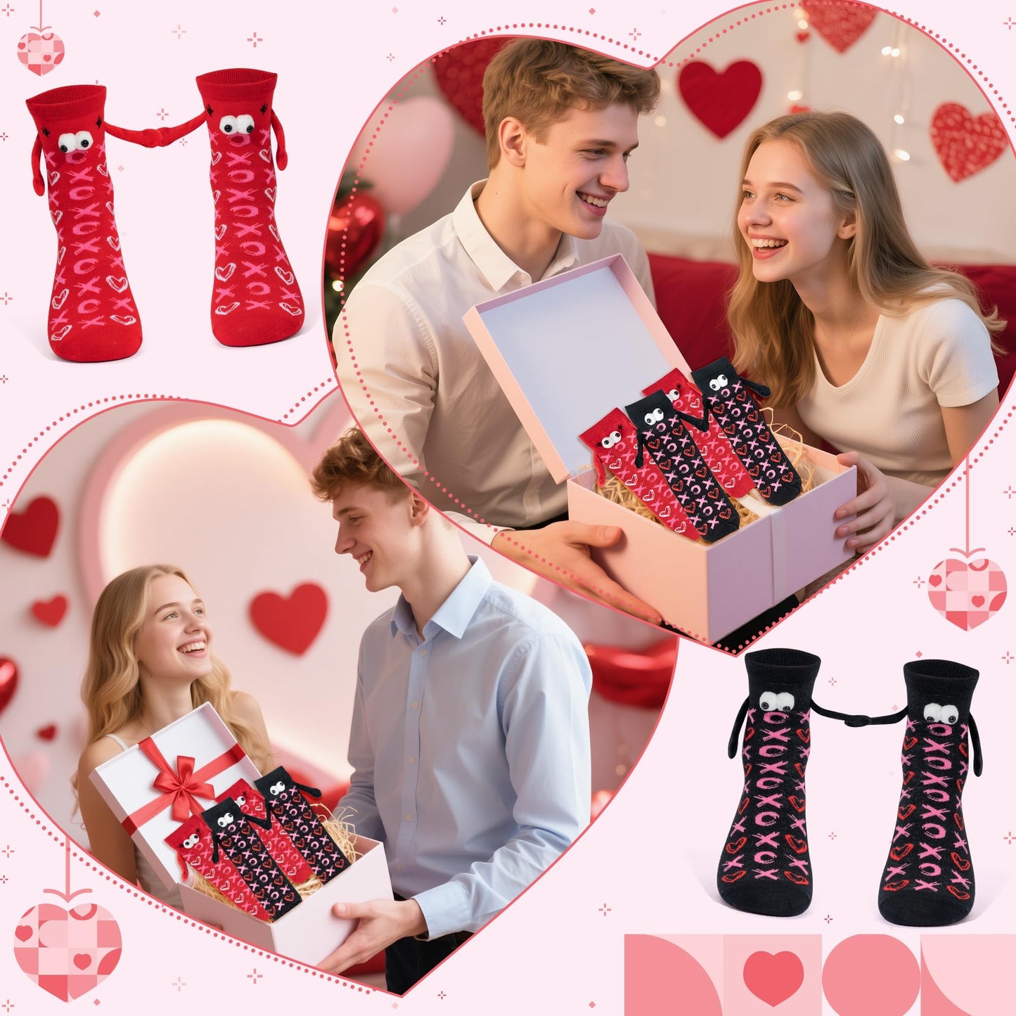 R HORSE Valentine's Day Holding Hands Socks 2 Pairs Funny Magnetic Women Men Couple Socks, Novelty Friendship Couple Gag Valentine Gift for Boyfriend Girlfriend Teens