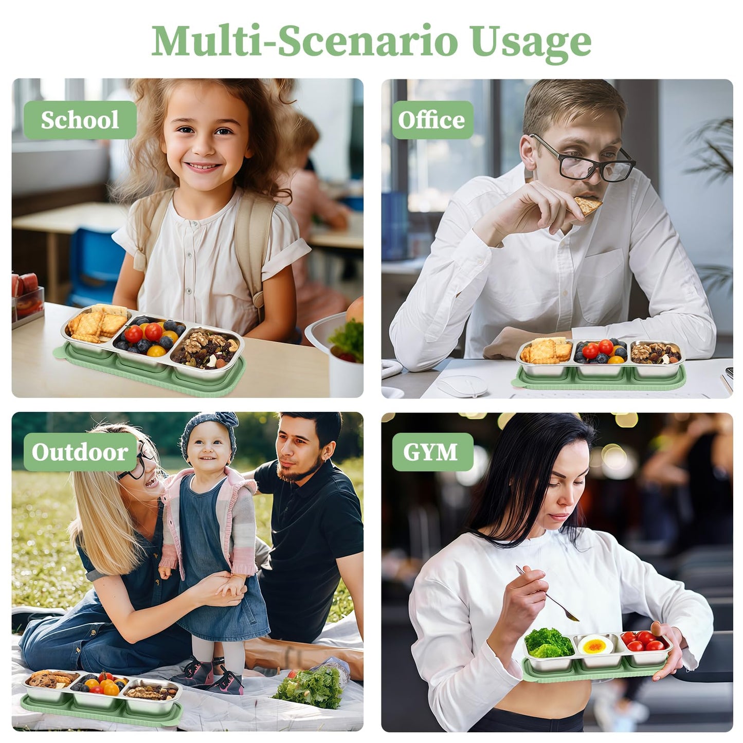 suhunide 3 Compartment Stainless Steel Snack Containers ,Reusable Snackle Box Container with Leakproof Lids Metal Bento Lunch Boxs Food Storage Containers for Travel Picnics Office