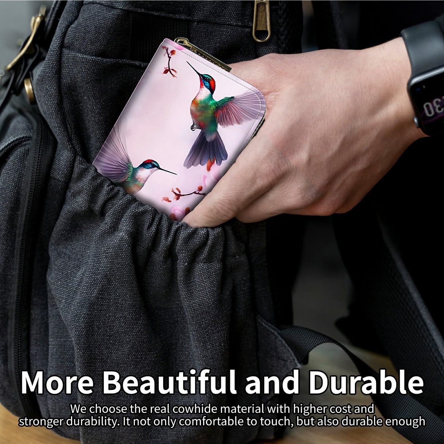 DIGTIALL Hummingbird Flower Credit Card Holder for Women with Zipper Small Credit Card Wallet PU Leather RFID Blocking Wallet Card Organizer Wallets Accordion Wallets Gift for Women or Men