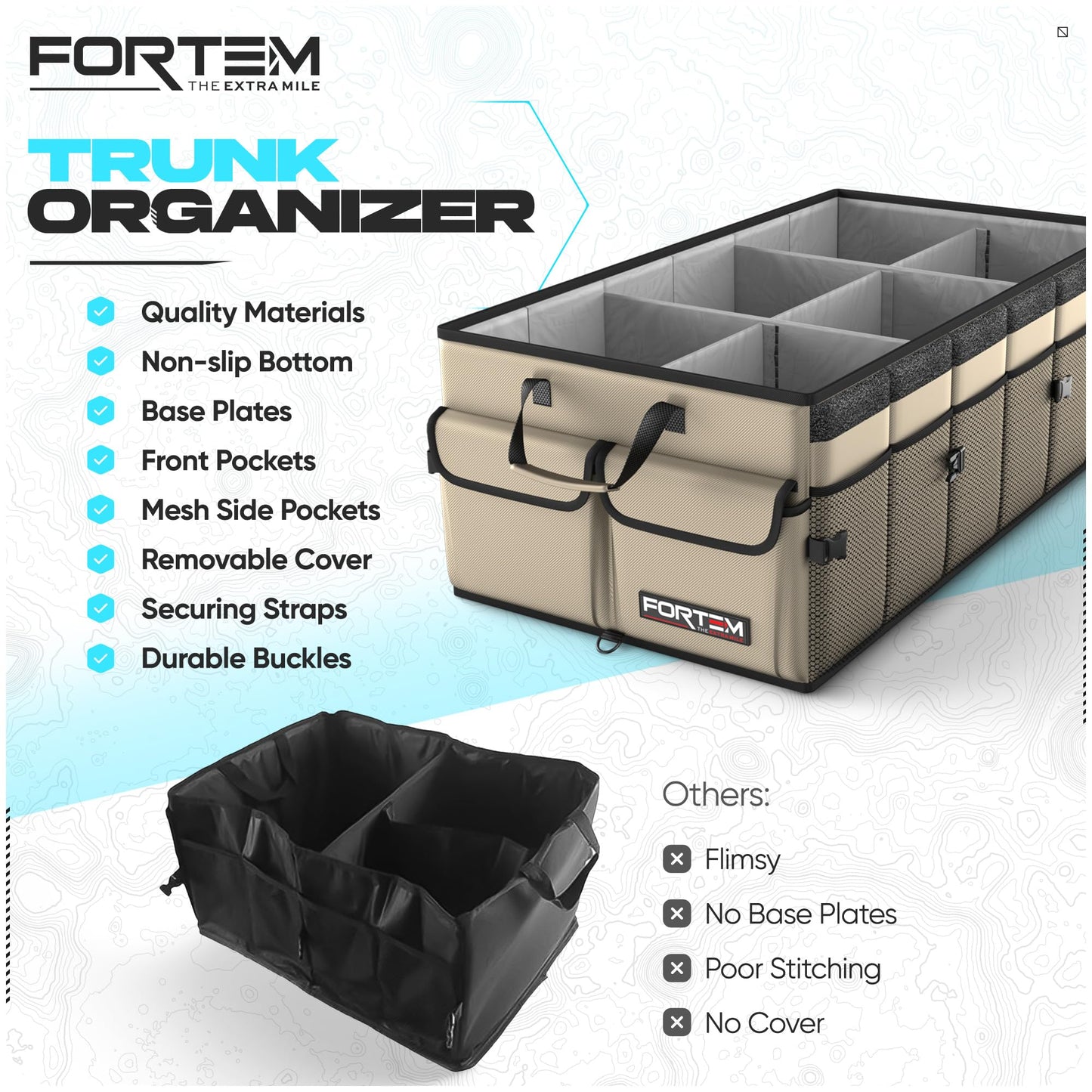 FORTEM Trunk Organizer For SUV Car Trunk Organizer, Foldable Storage, Car Accessories for Women Men, Collapsible Bag, Perfect Christmas Gifts, 600D Oxford, Non Slip Bottom, Straps, Soft Cover (85L)