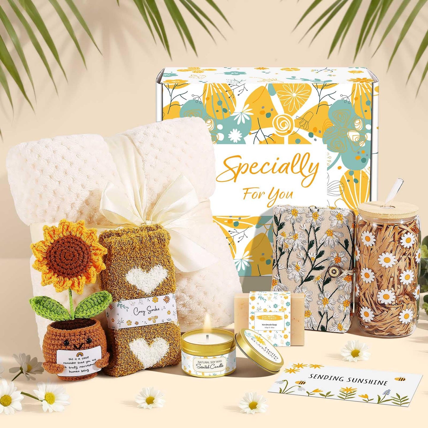 Self Care Gifts for Women Gift Baskets,Sending Sunshine Thinking of You Care Package Spa Gift Sets, Birthday Christmas Gifts for Women Best Friends Mom Sister Wife Grandma Her - Ivory