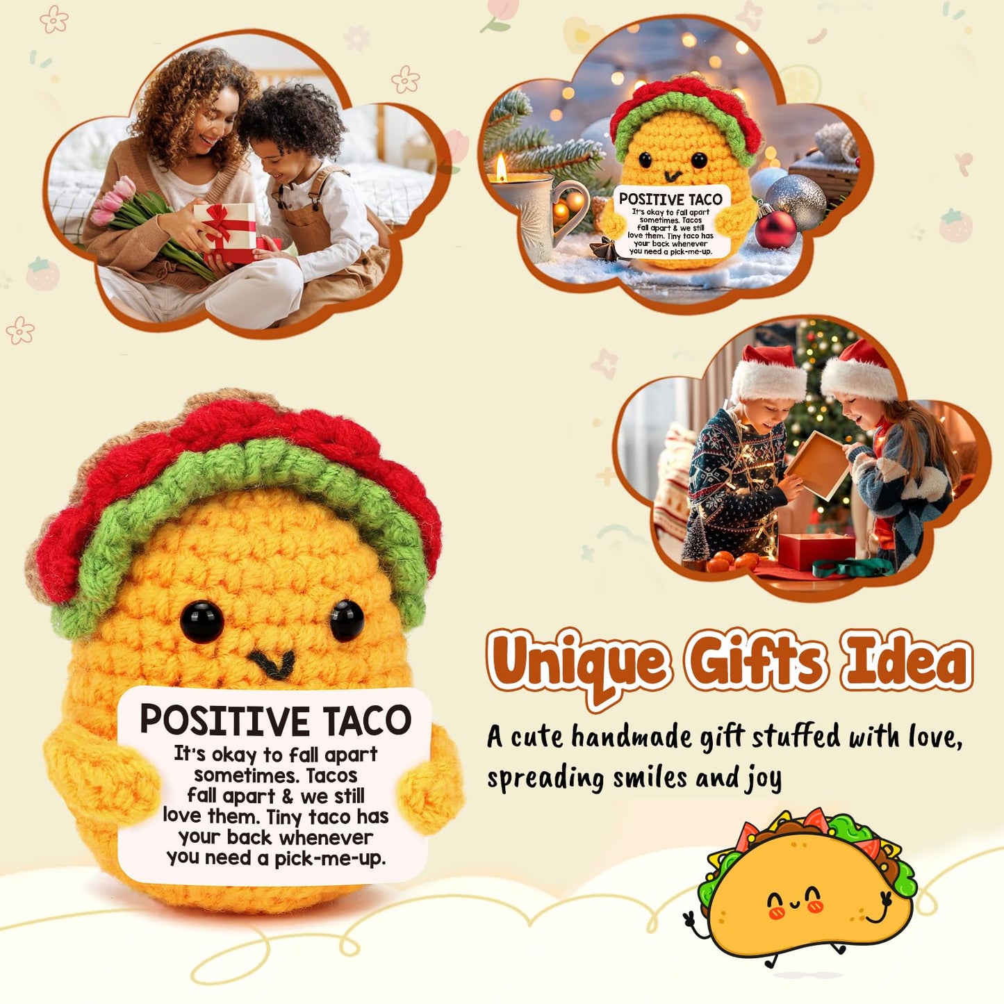 Positive Crochet Taco Birthday Gifts for Women Men Teacher Appreciation Mothers Day Graduation Gift Adult Kids Son Mom Dad Daughter Sister Friend Coworkers Self Care Card Inspirational Support