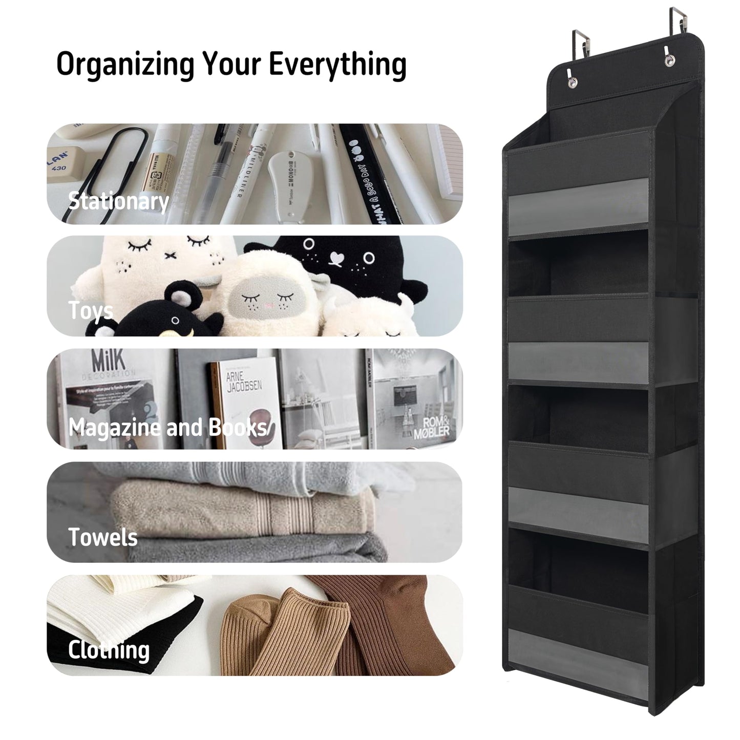 TYMENSH Over The Door Hanging Organizer with 4 Large Pockets – Closet, Bathroom, Nursery, Bedroom, Dorm Storage for Toys, Cosmetics, and Baby Essentials, Black