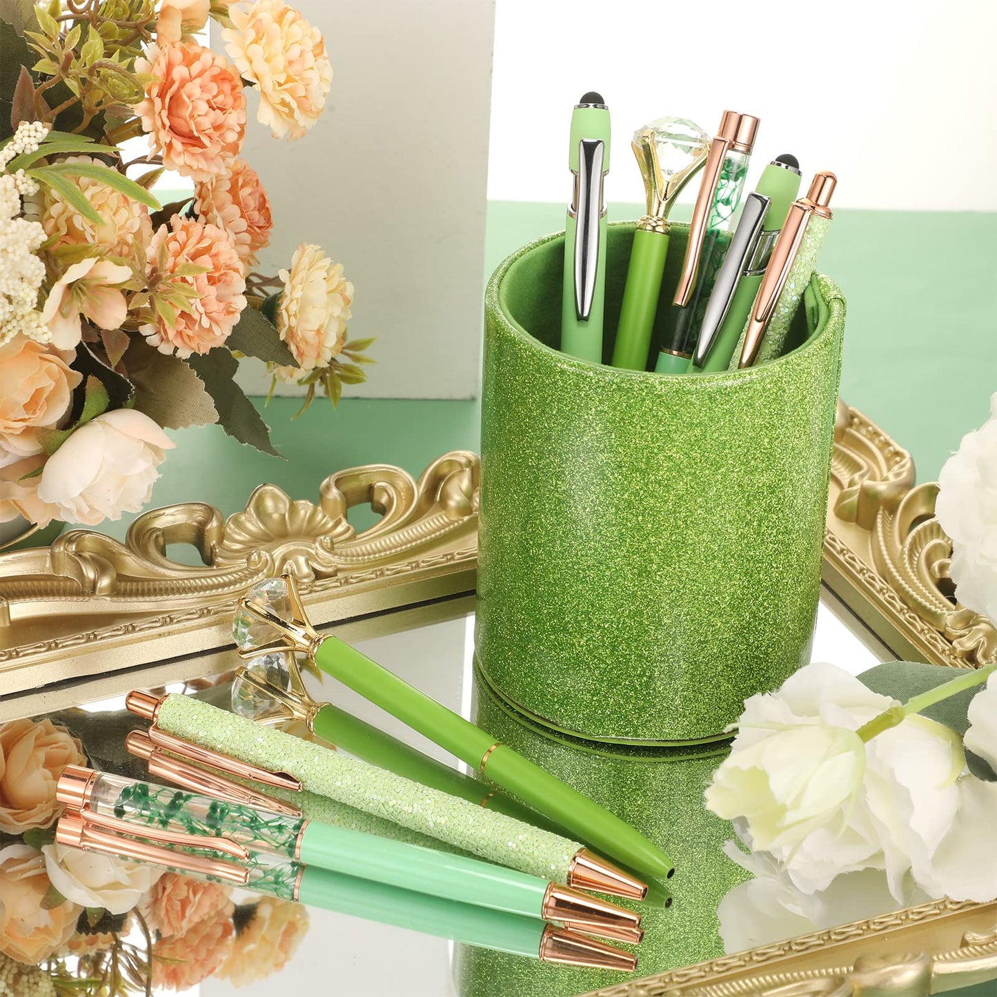 Sabary 8 Pcs Green Pens with Pen Holder for Desk Glitter Crystal Diamond Cute Ballpoint Fancy Pencil Holder Bling Desk Organizer for Women Girls School Office Supplies Wedding Graduation Gifts
