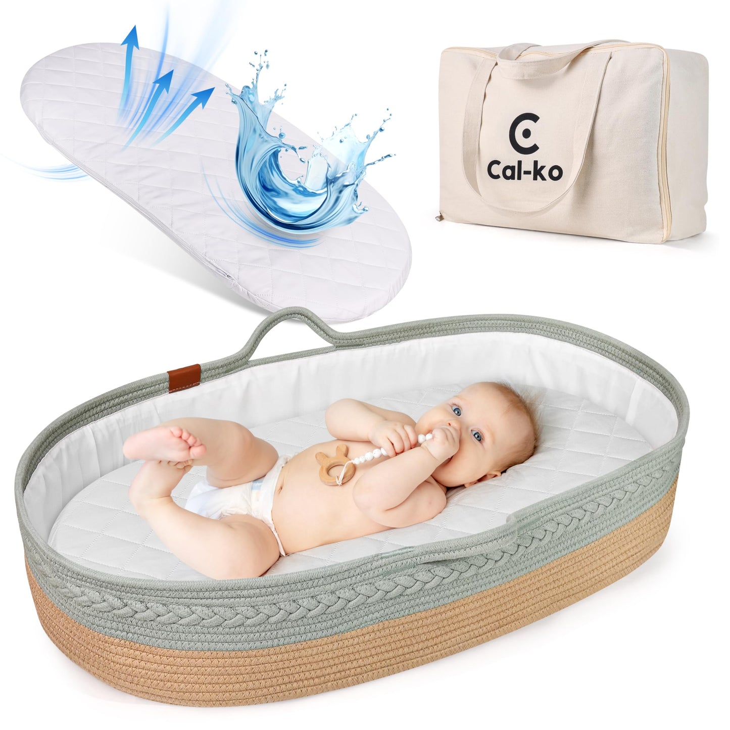Cal-ko Moses Basket for Newborns – Baby Changing Basket with Waterproof Pad – Reinforced Mesh Sides – Includes Travel Case – Portable Diaper Basket for Dresser Top or Nursery Use (Cotton, Teal)