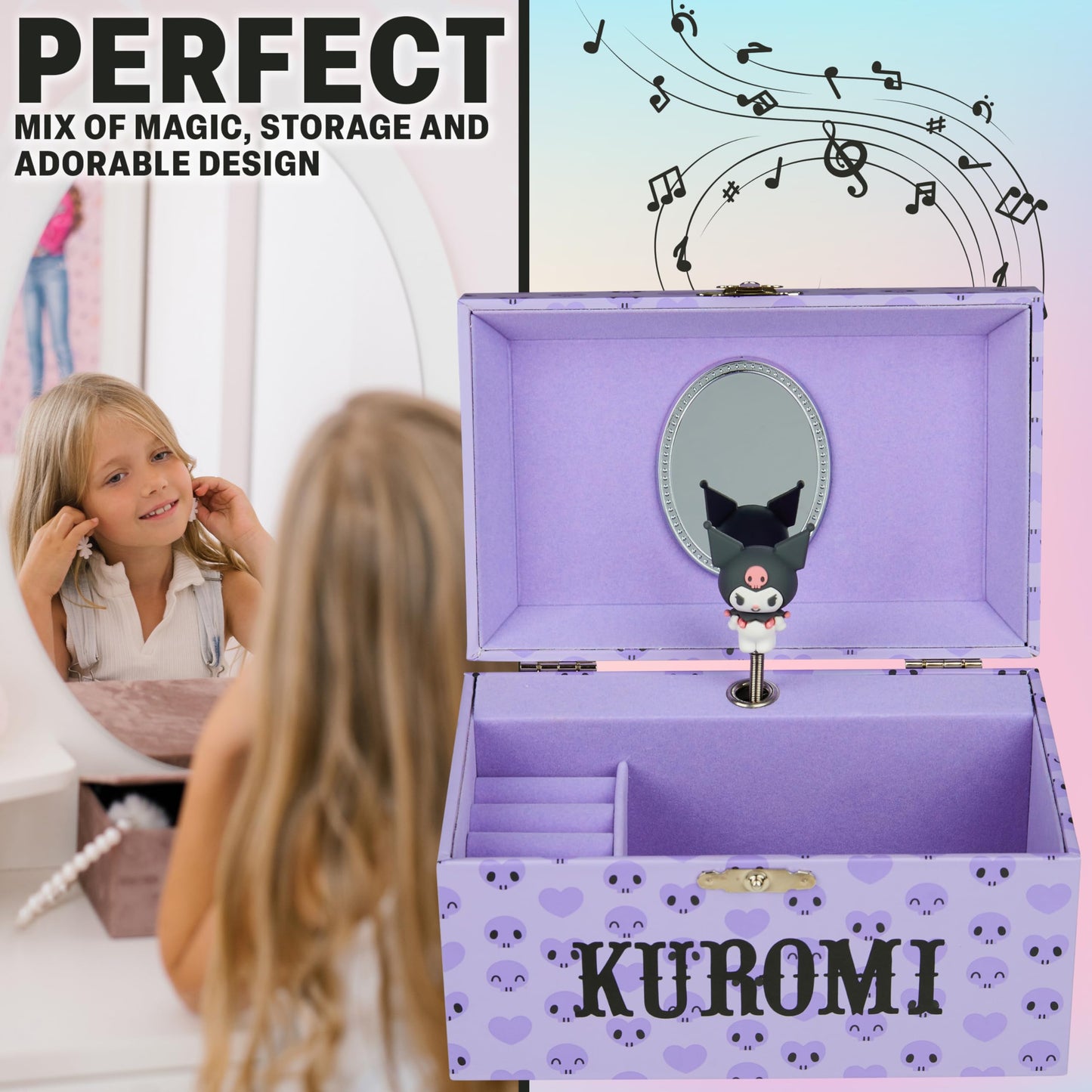 Hello Kitty Sanrio Kuromi Musical Jewelry Box for Girls Teens Women Kawaii Wind Up Music Box Jewelry Organizer Ring Holder Gifts for Women (Purple Kuromi)
