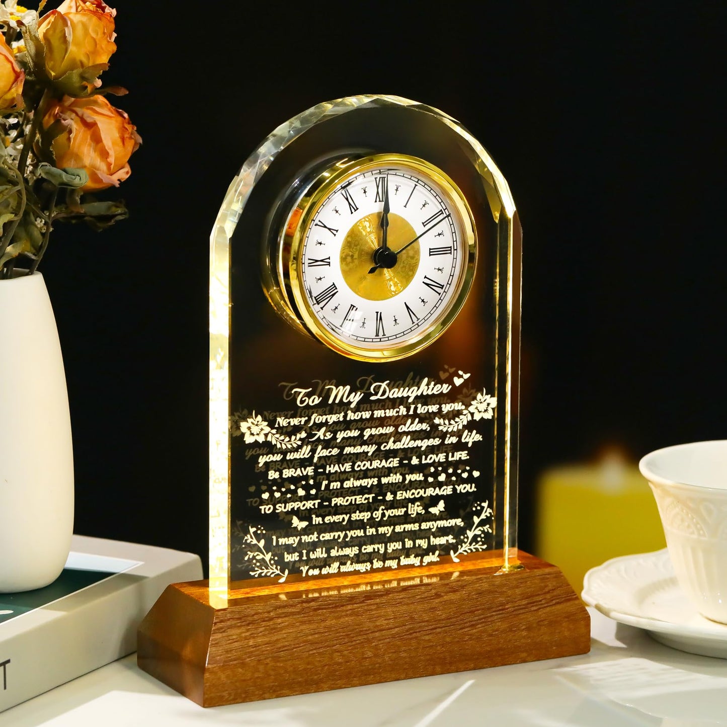 Arikyrist Daughter Gifts from Mom Dad Glass Daughter Clock with Wooden LED Light Base Inspirational Birthday Christmas Graduation Gift for Daughters Lovely Decor for Table Home